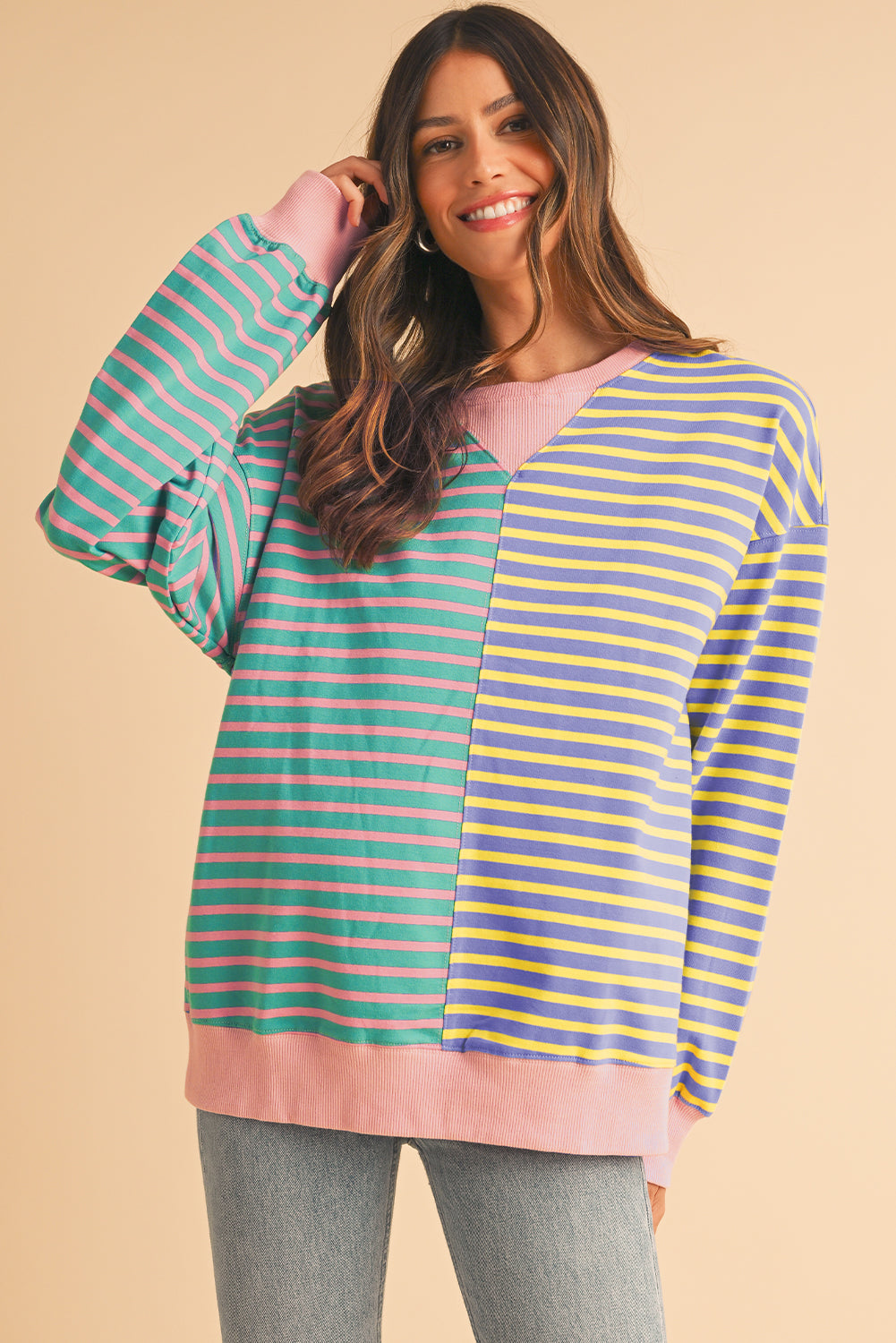 Sky Blue Stripe Colorblock Drop Shoulder Oversize Sweatshirt