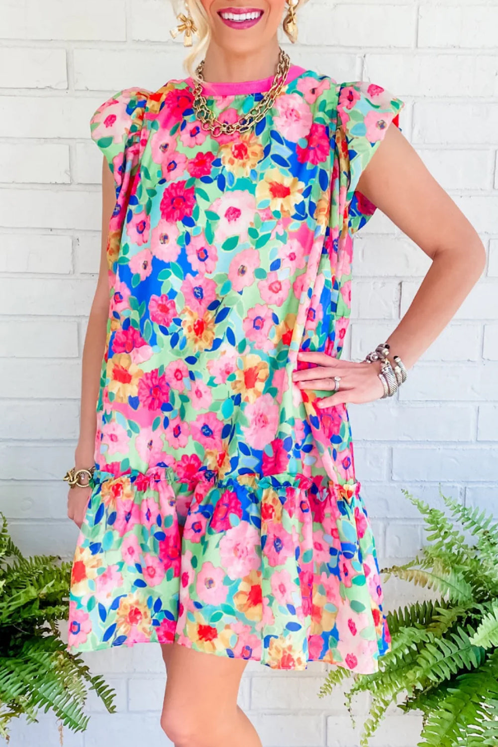 Multicolour Vibrant Floral Print Cap Sleeve Frill Dress