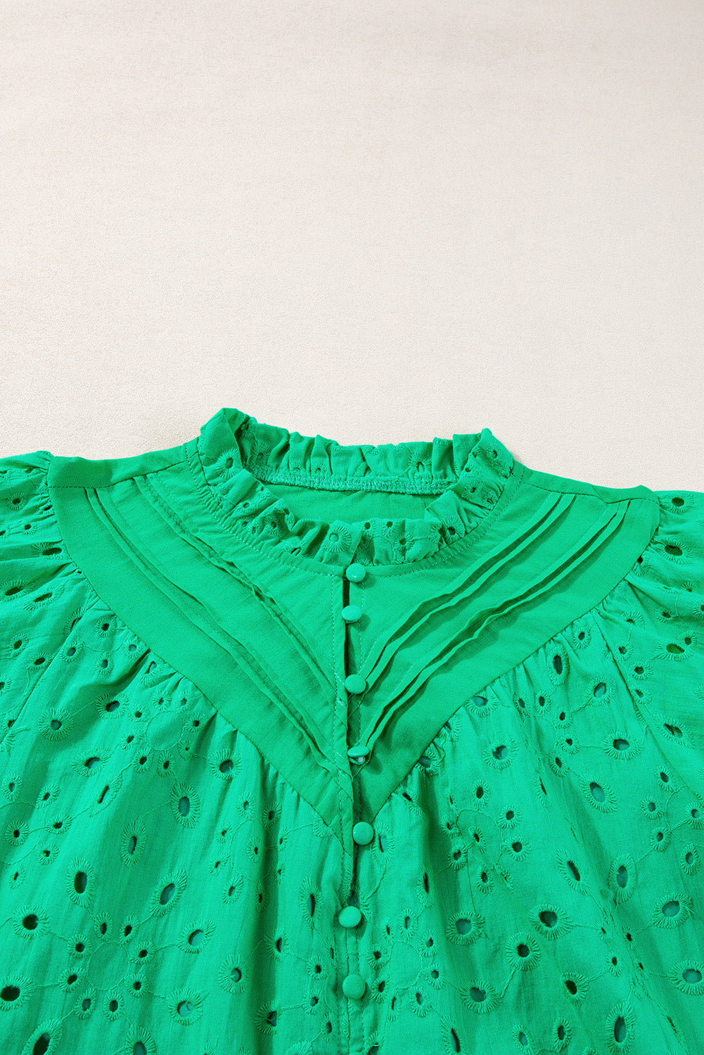 Green Flower Embroidered Hollow-out Puff Sleeve Blouse