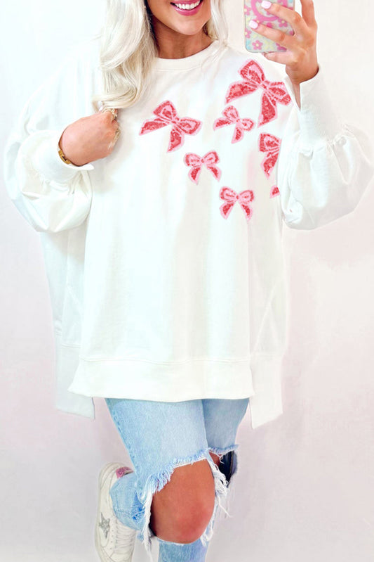 White Sequin Bowknot High Low Oversize Sweatshirt