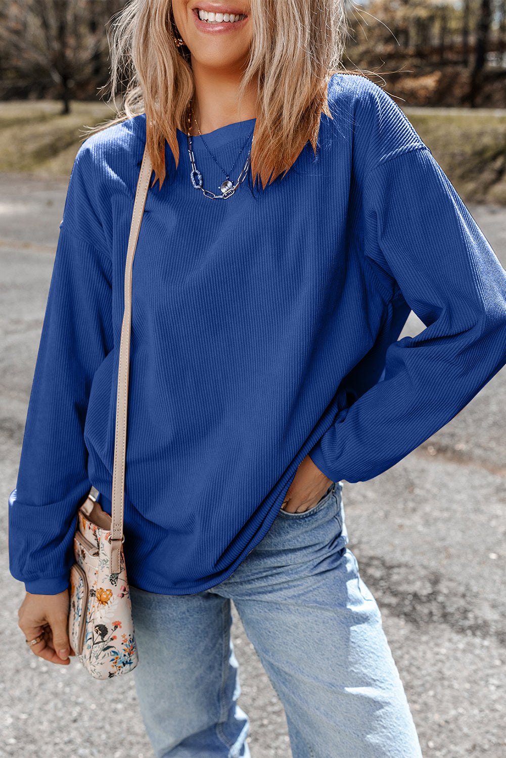 Apricot Drop Shoulder Ribbed Oversized Sweatshirt