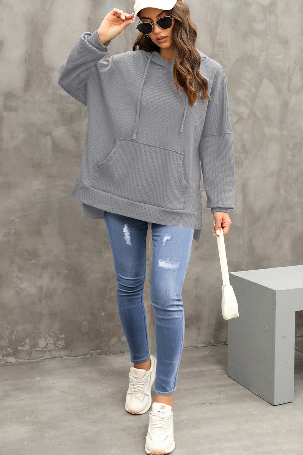 Gray Waffle Knit High Low Oversized Hoodie