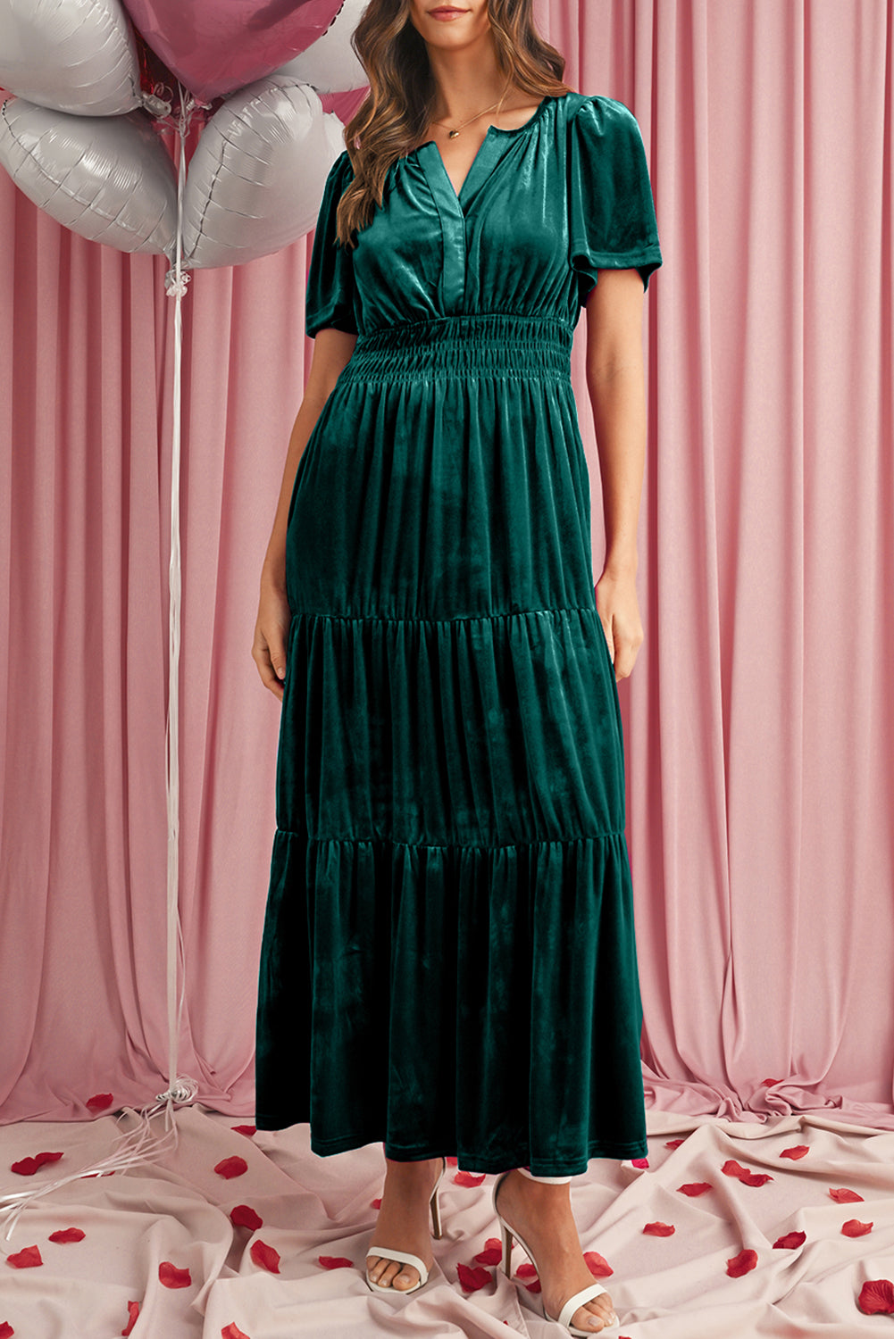 Red Dahlia Velvet Short Sleeve Shirred Waist Tiered Maxi Dress