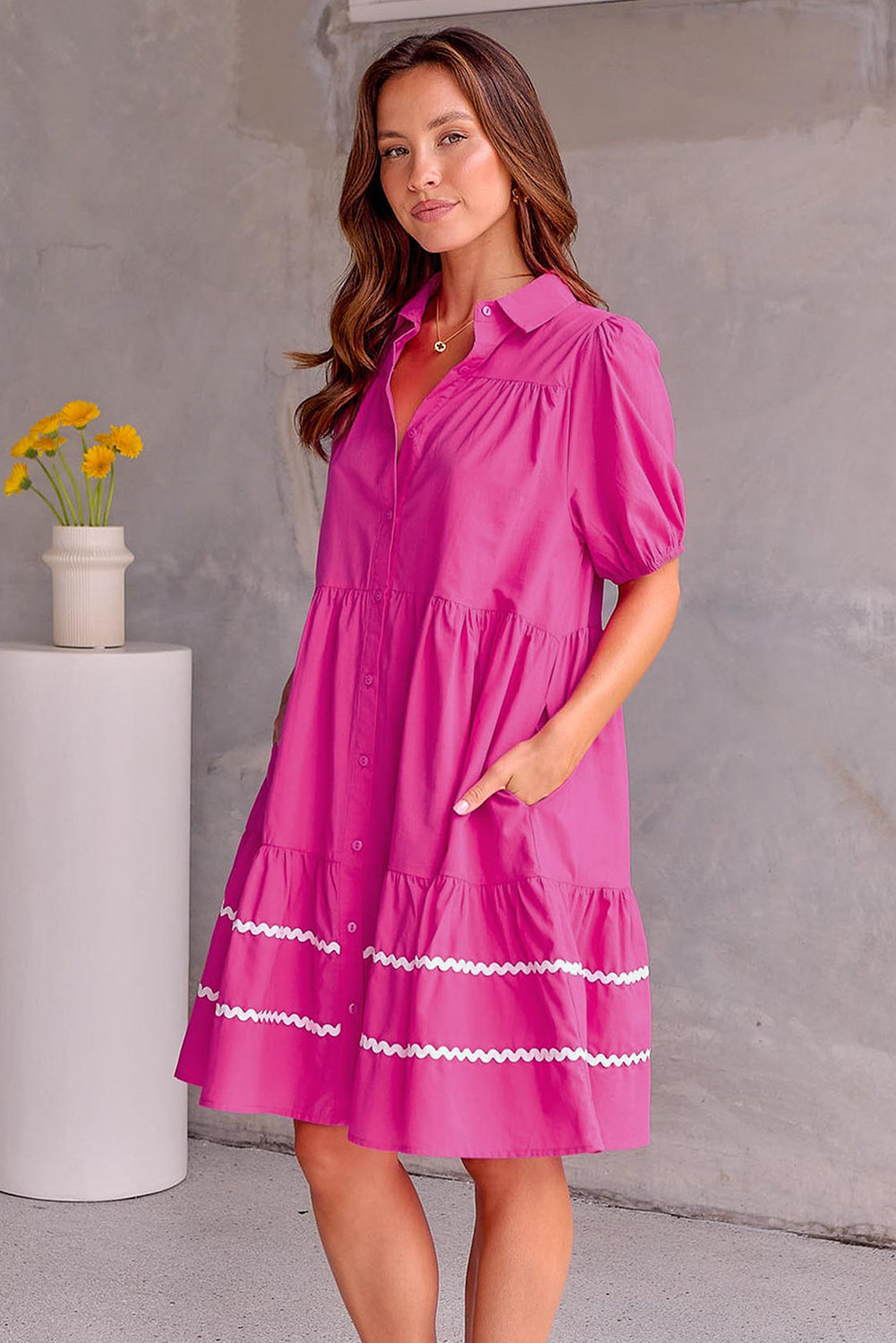 Rose Red Puff Sleeve Wavy Striped Shirt Dress