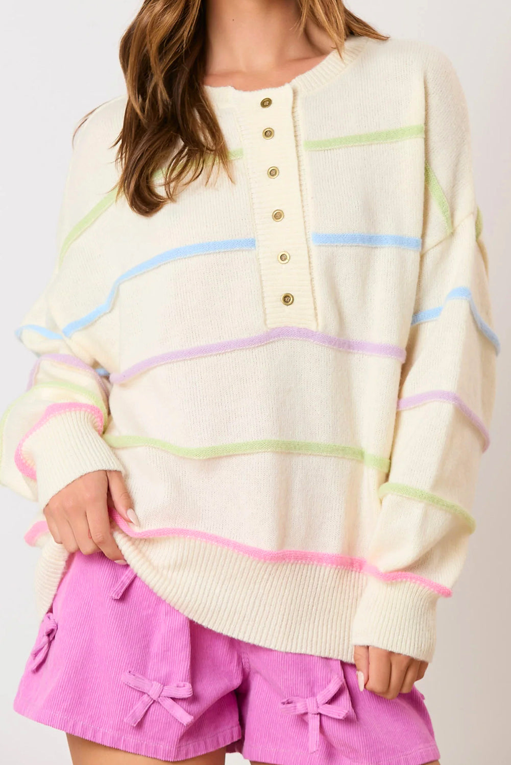 Pink Rainbow Striped Drop Sleeve Henley Sweater