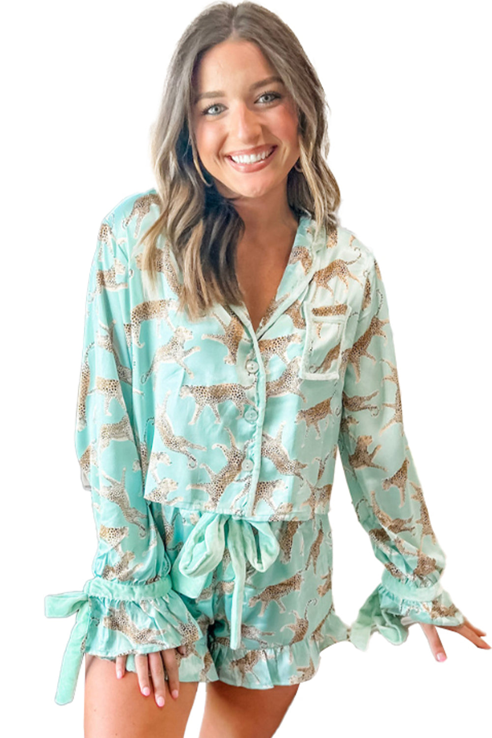 Green Leopard Satin Ruffle Hem Pajama Set