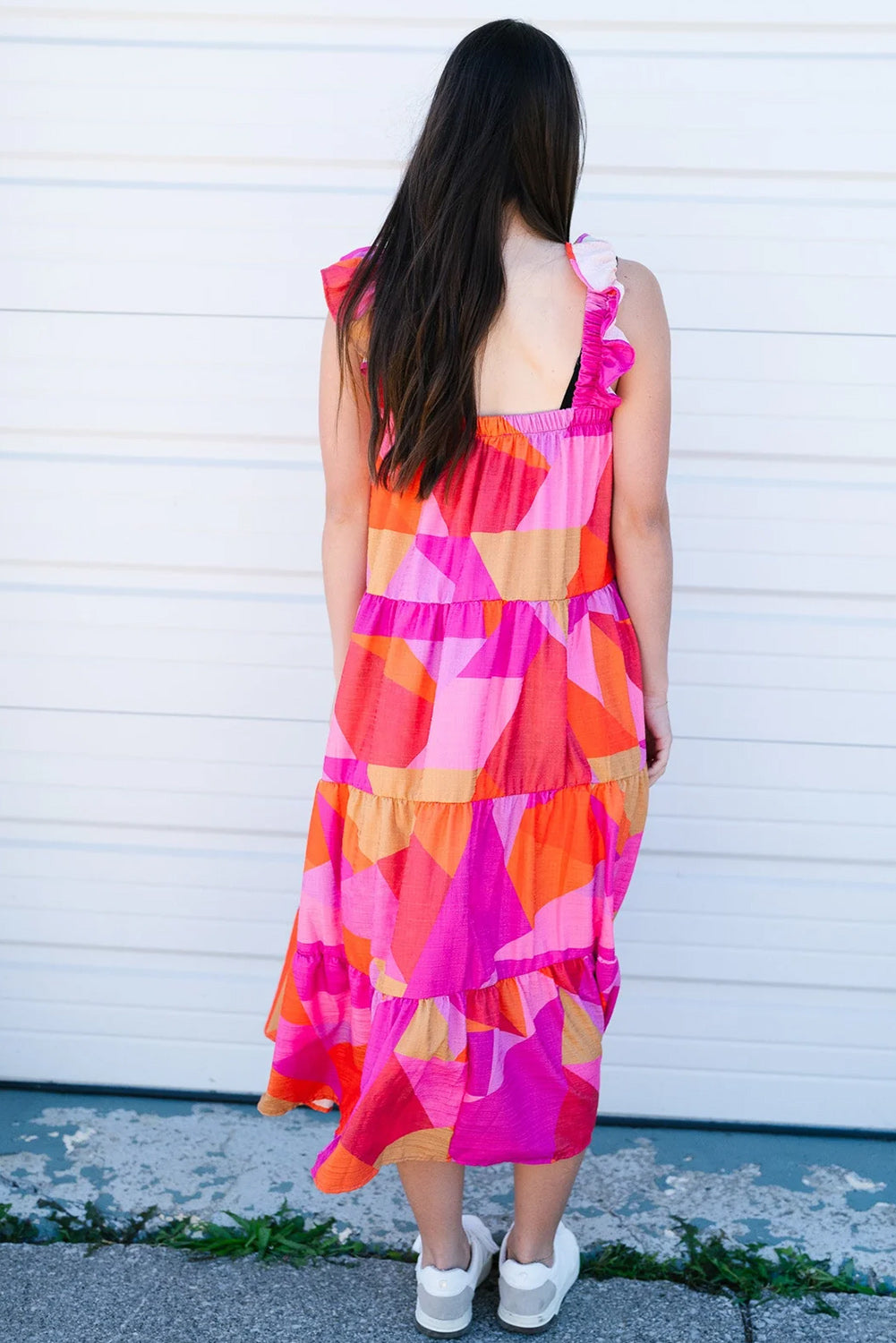 Multicolour Boho Geometric Ruffle Strap Tiered Midi Dress