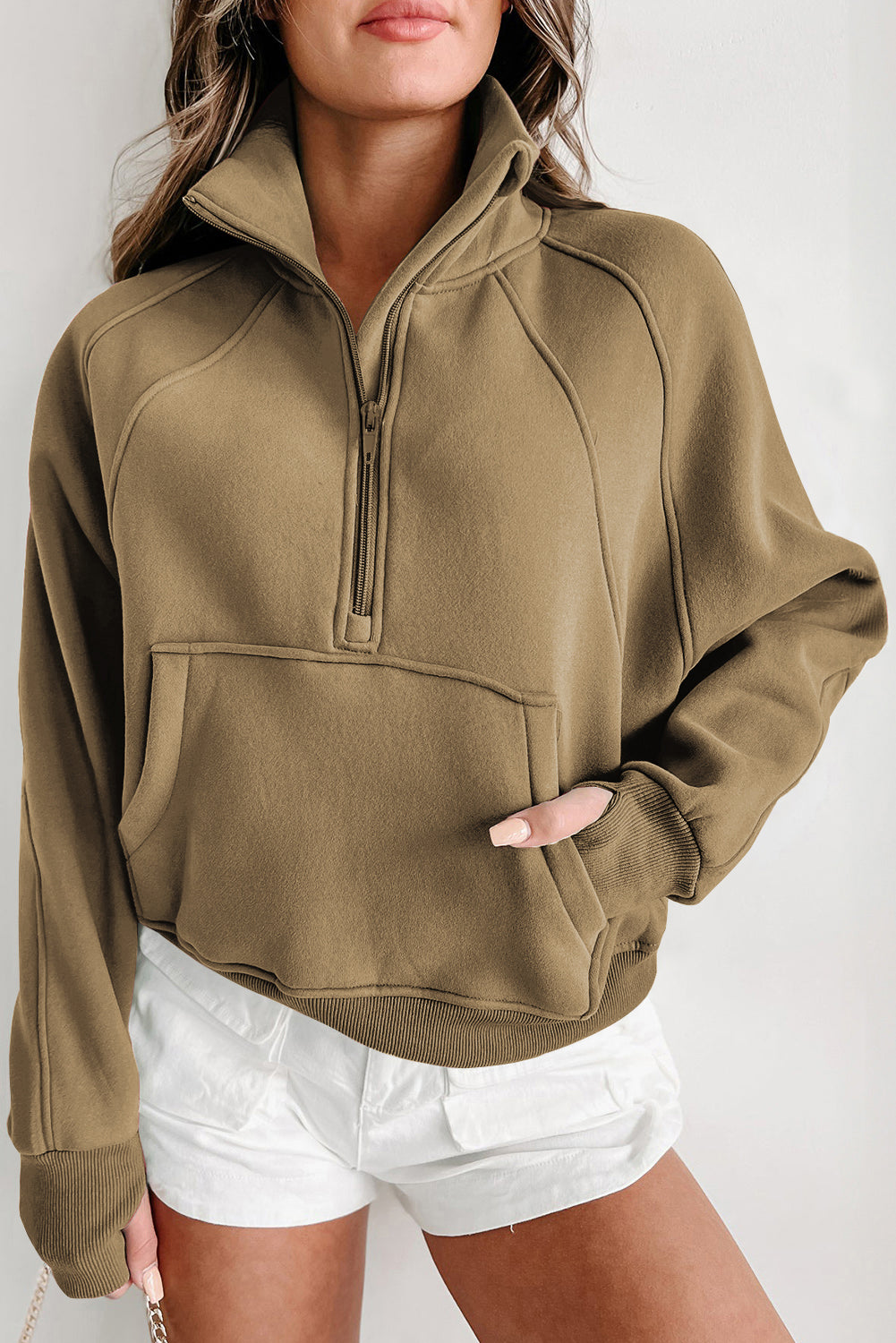 Smoke Green Zip Up Stand Collar Ribbed Thumbhole Sleeve Sweatshirt