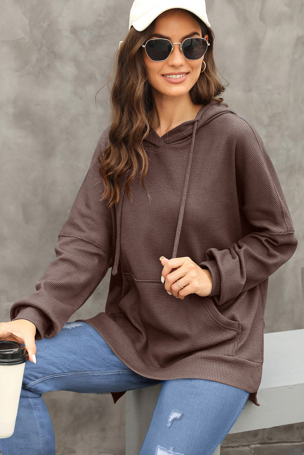 Gray Waffle Knit High Low Oversized Hoodie