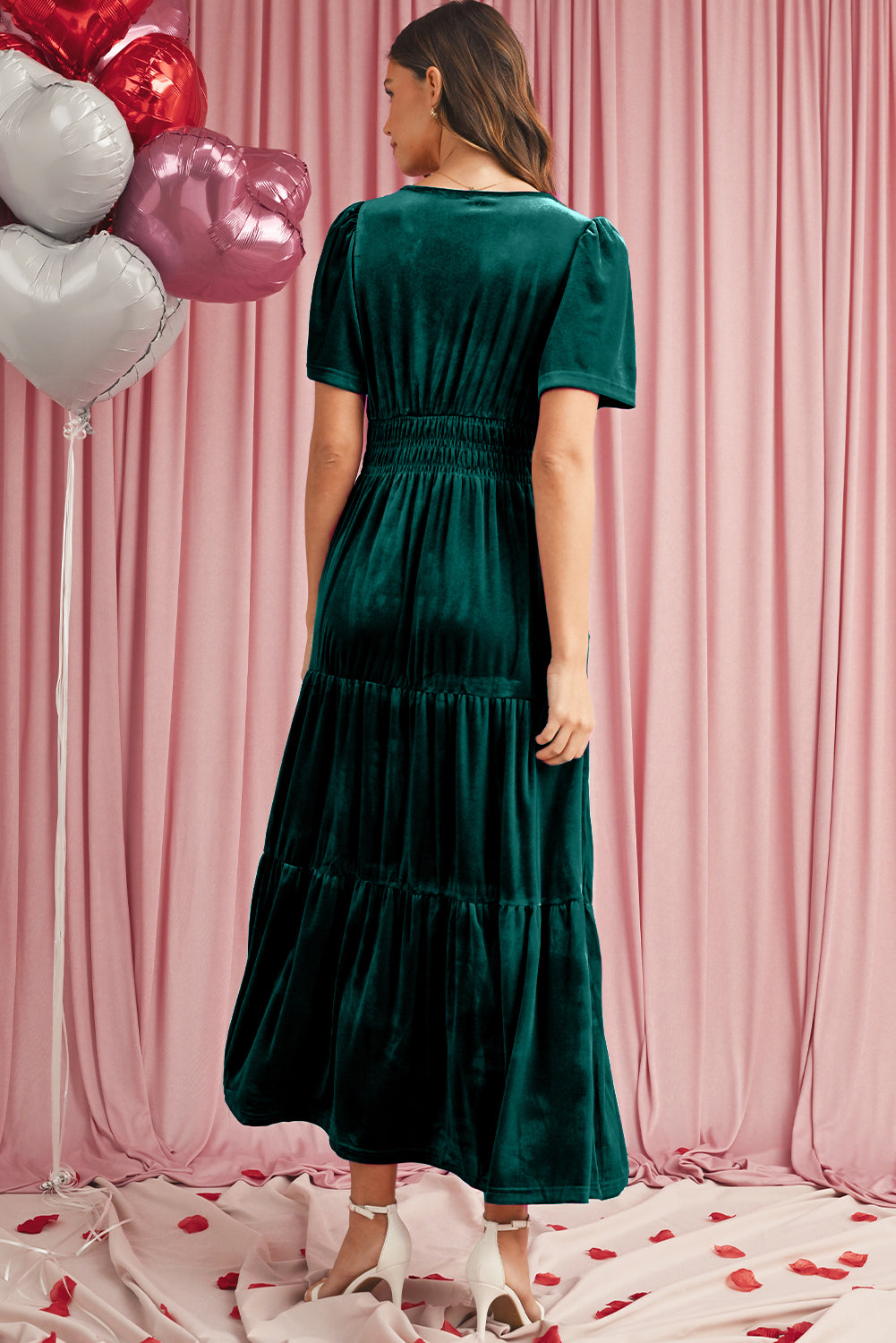 Red Dahlia Velvet Short Sleeve Shirred Waist Tiered Maxi Dress
