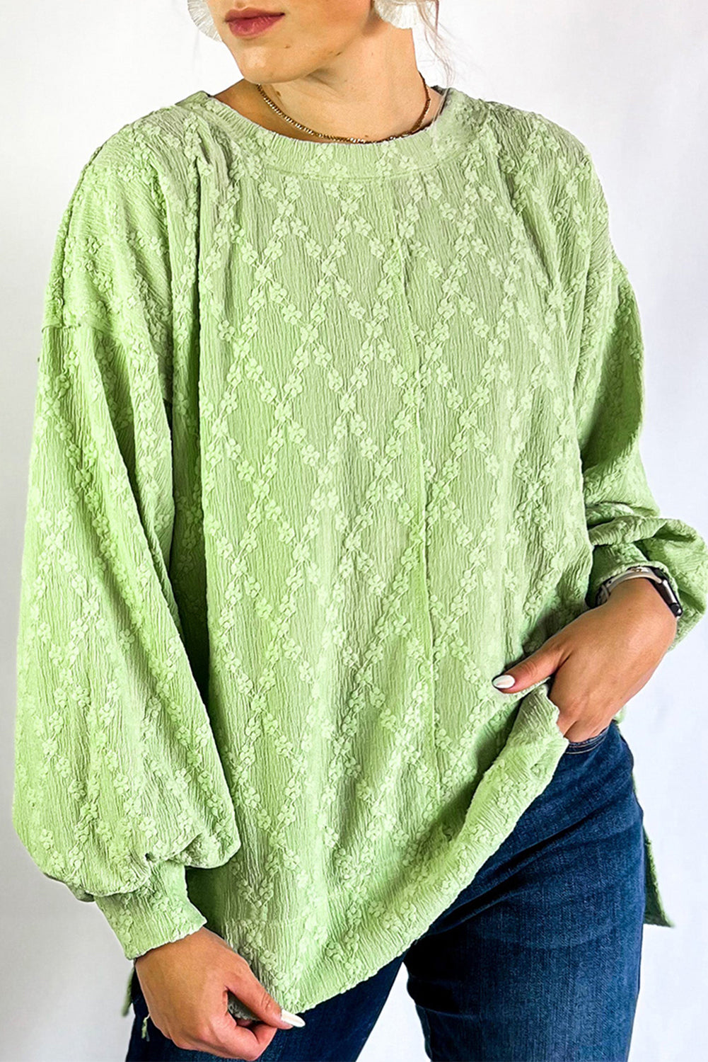 Light Green Solid Color Textured Side Split Drop Shoulder Sweatshirt