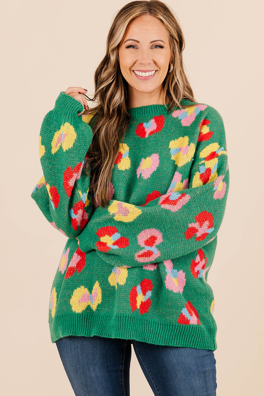 Green Plus Size Floral Knitted Drop Shoulder Sweater