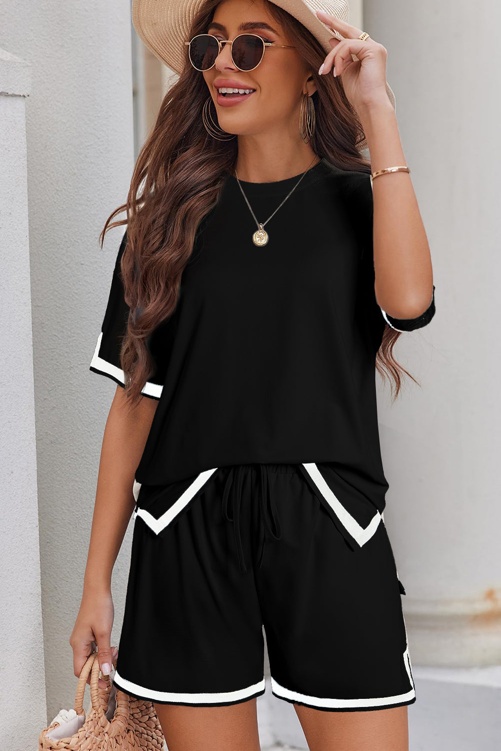 Black Contrast Trim Tee and Drawstring Shorts Set