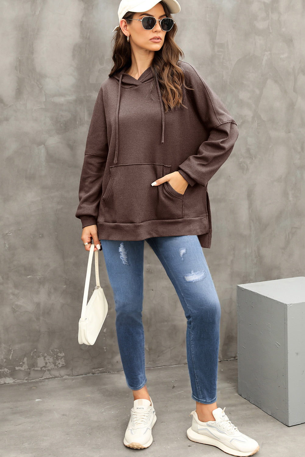 Gray Waffle Knit High Low Oversized Hoodie