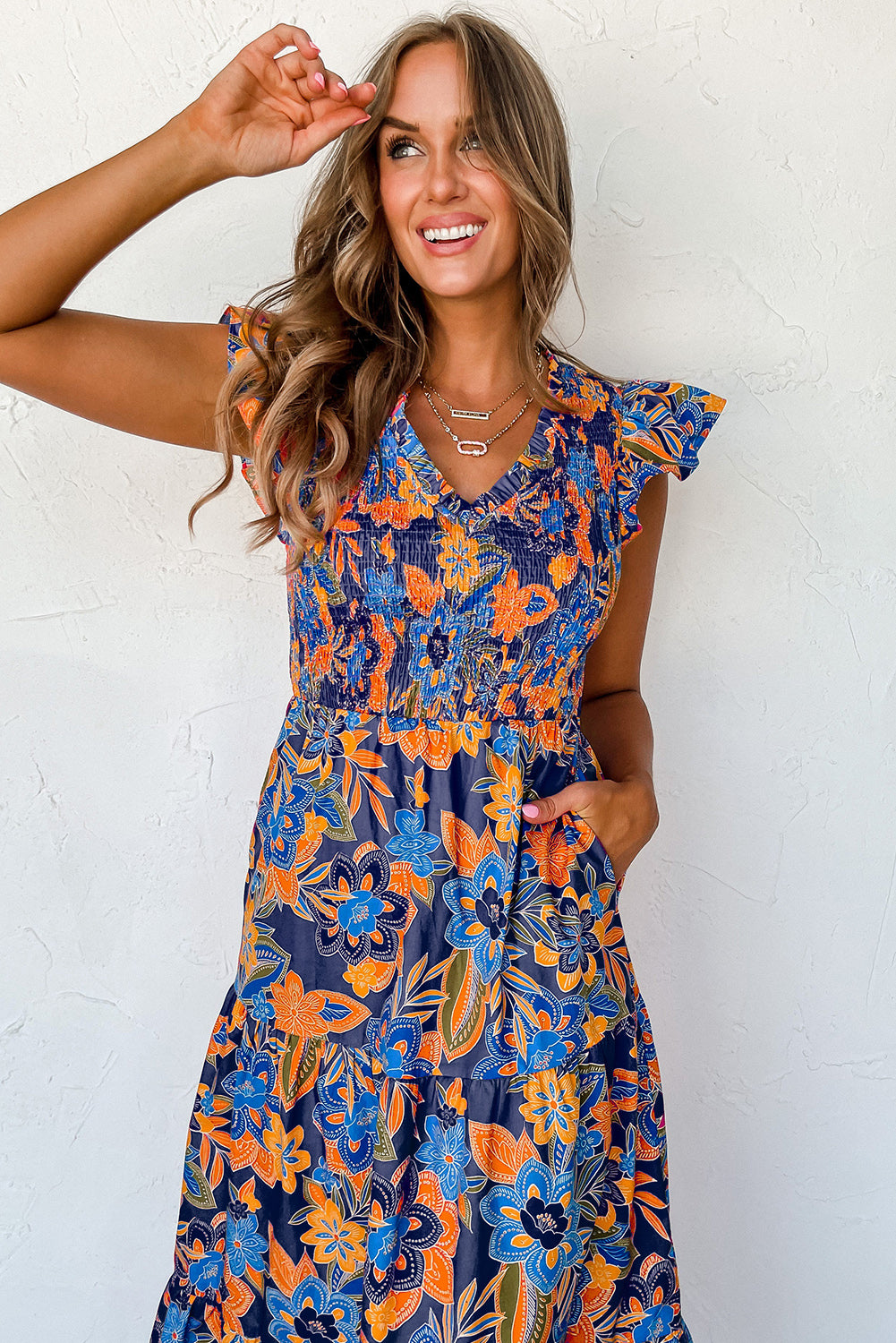 Boho Floral V Neck Ruffle Tiered Long Dress