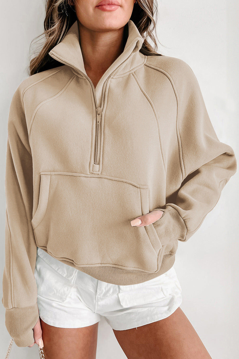 Smoke Green Zip Up Stand Collar Ribbed Thumbhole Sleeve Sweatshirt