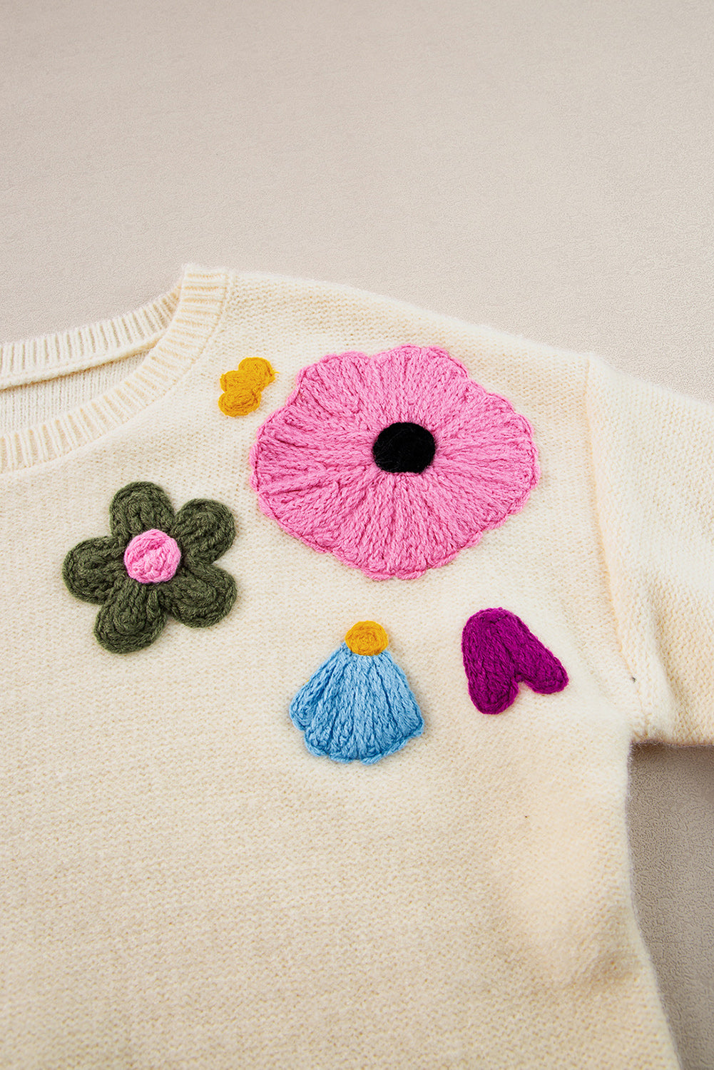 Pink 60s Flower Pattern Ribbed Edge Sweater