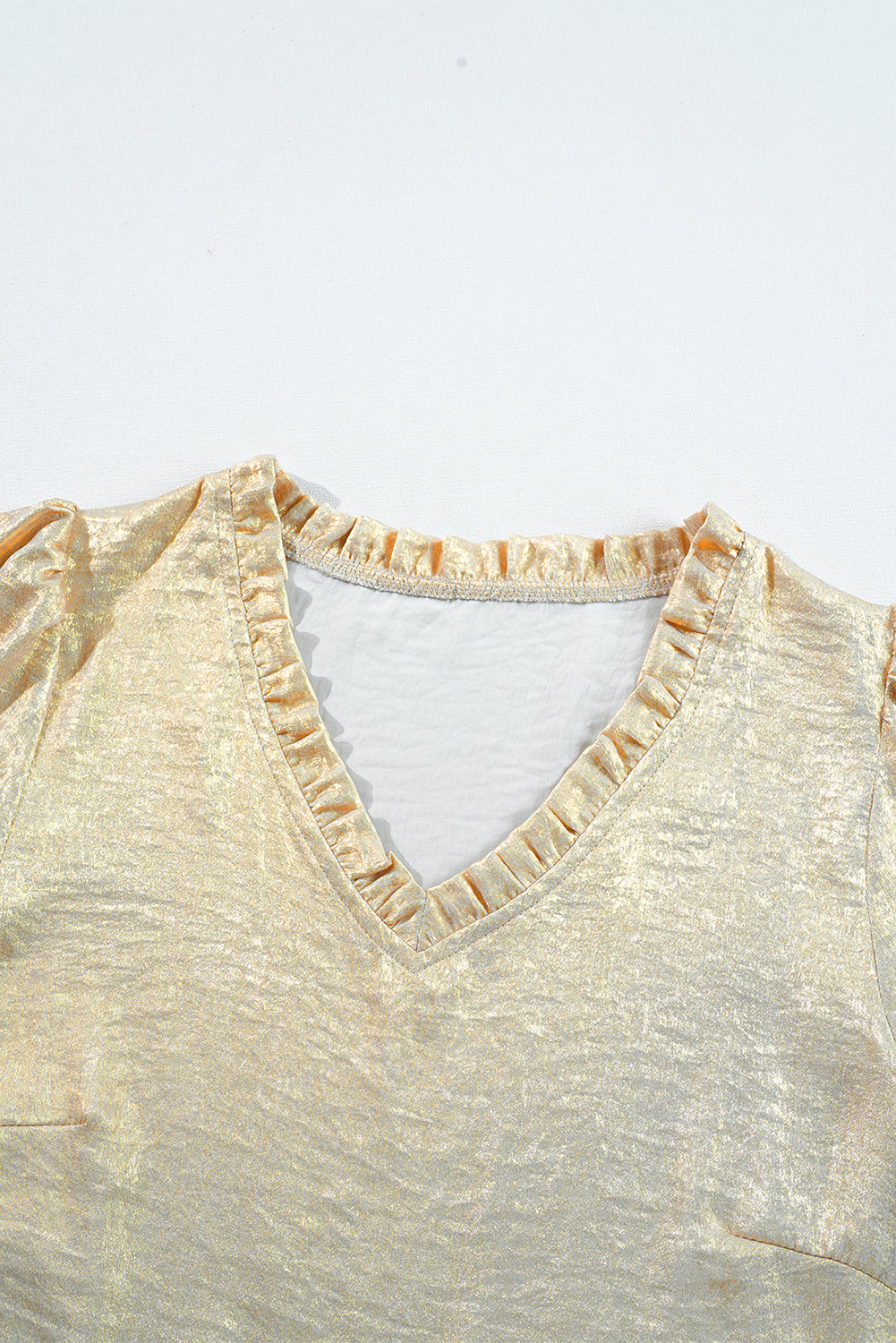 Gold Metallic Frill V Neck Puff Sleeve Babydoll Blouse