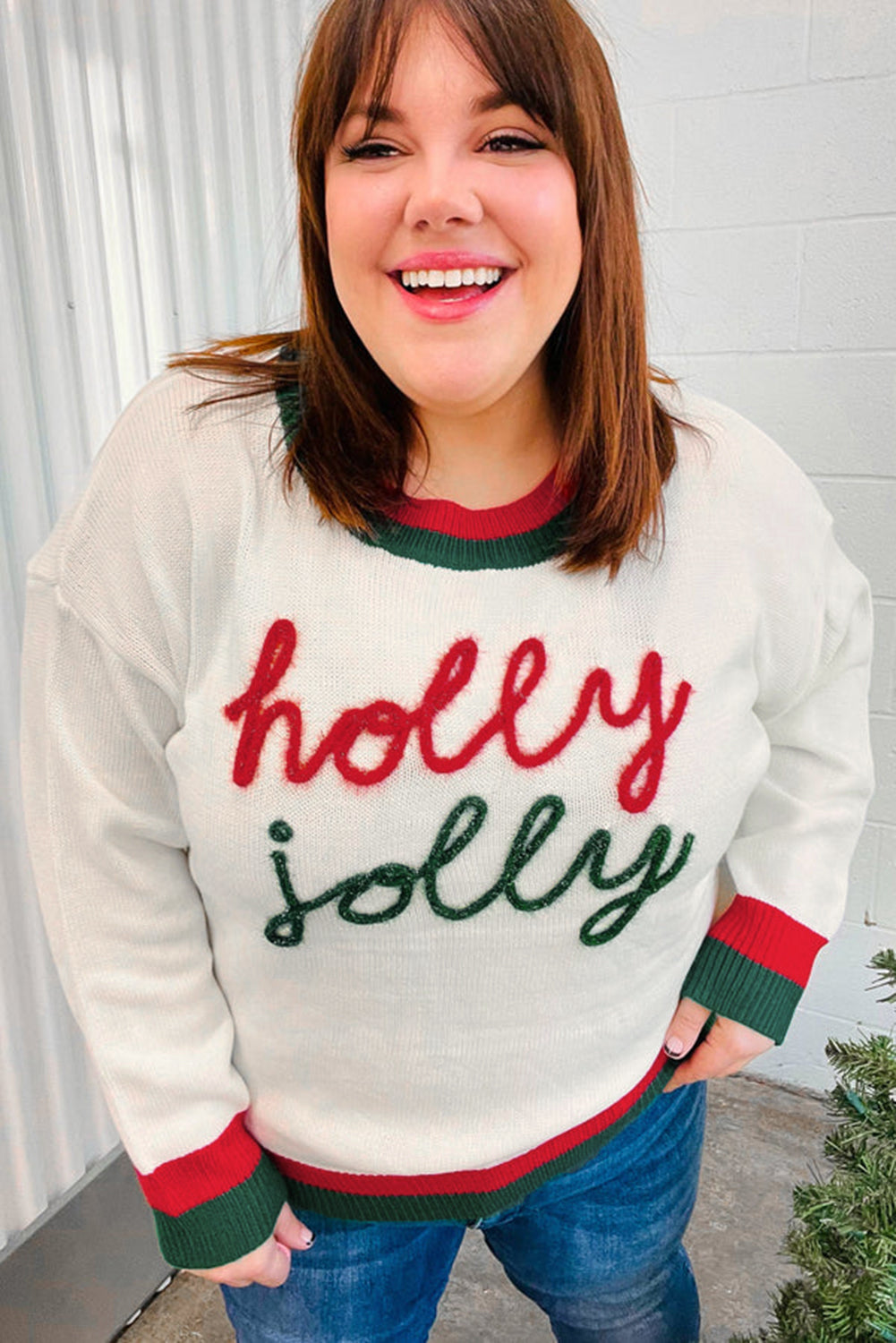 White Holly Jolly Colorblock Trim Drop Shoulder Plus Size Sweater