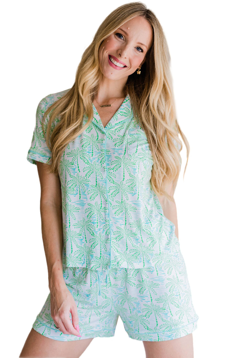 Green Vacation Coco Tree Print Short Sleeve Pajamas Set