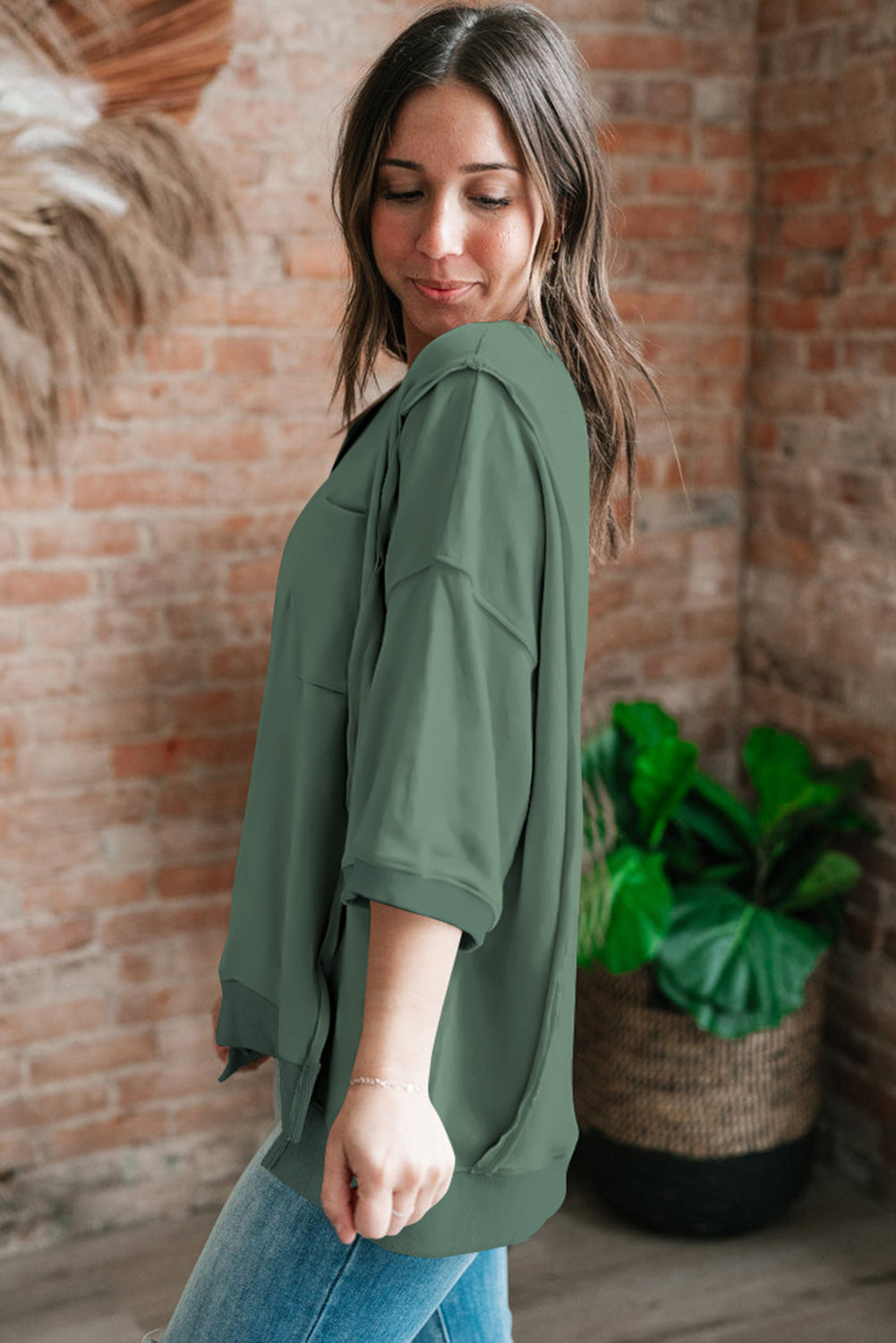 Light Grey Exposed Seam Pocket Side Split Loose T Shirt