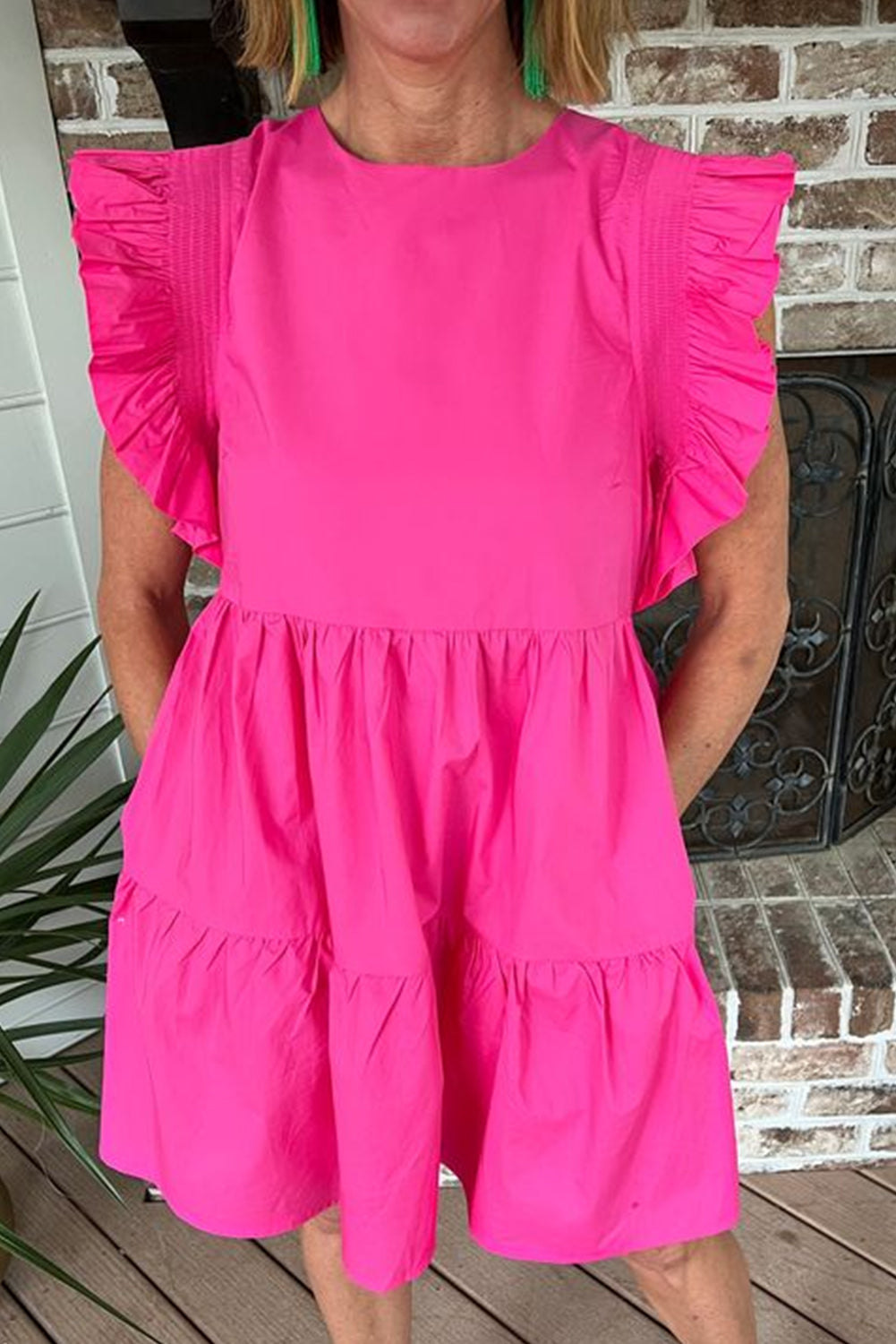 Bright Pink Smocked Ruffle Mini Tiered Dress