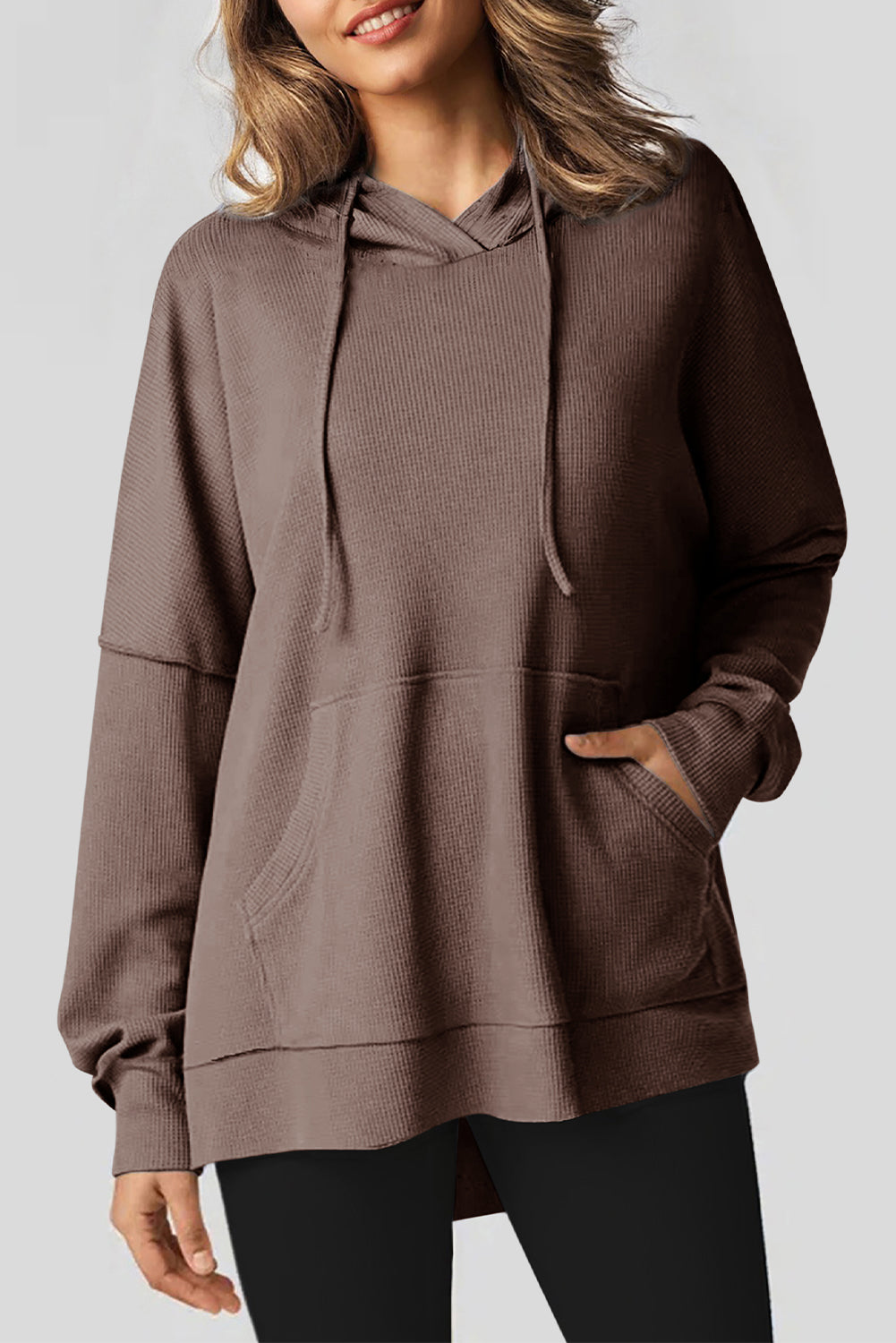 Gray Waffle Knit High Low Oversized Hoodie