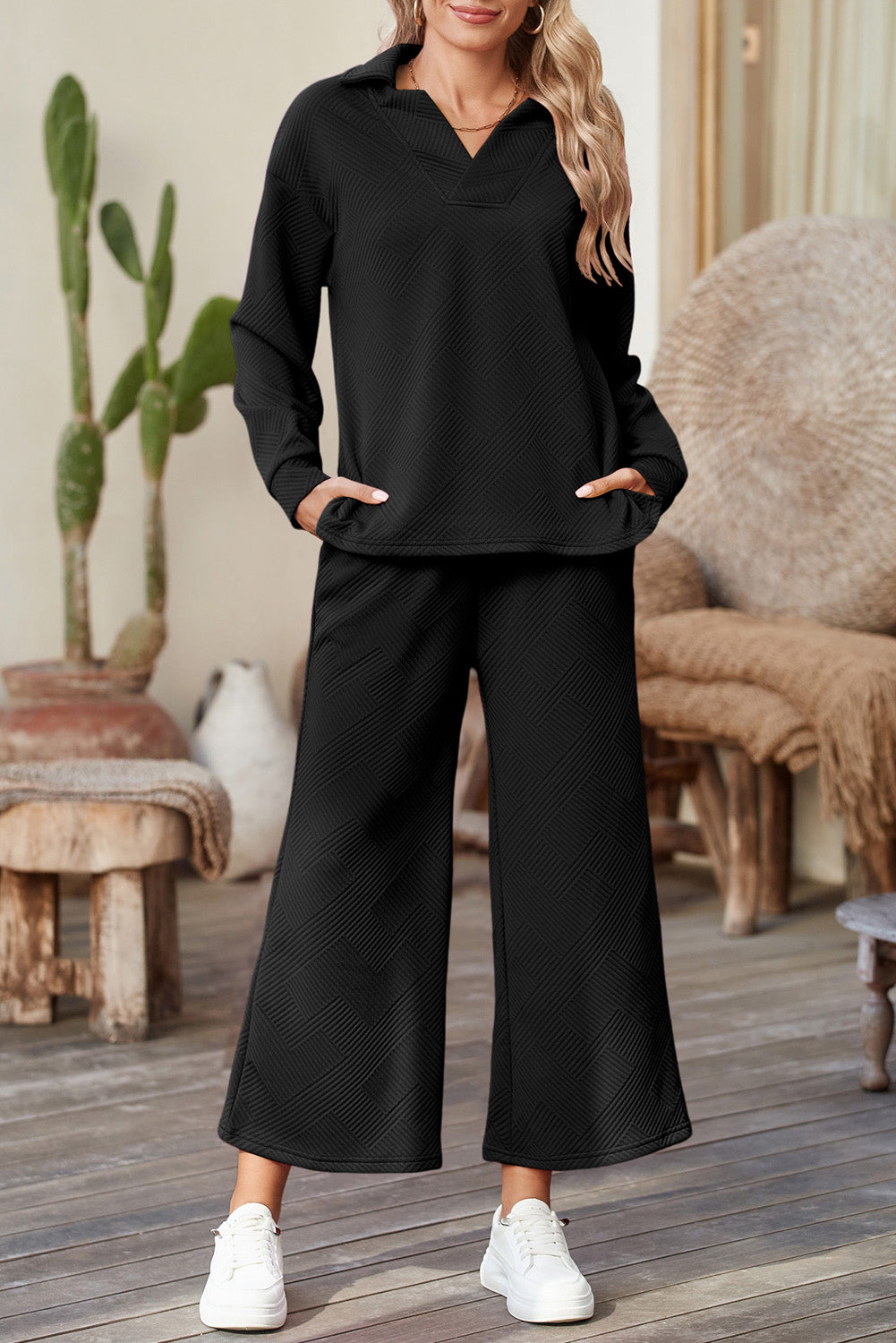 Textured Collared V Neck Top and Wide Leg Pants Set