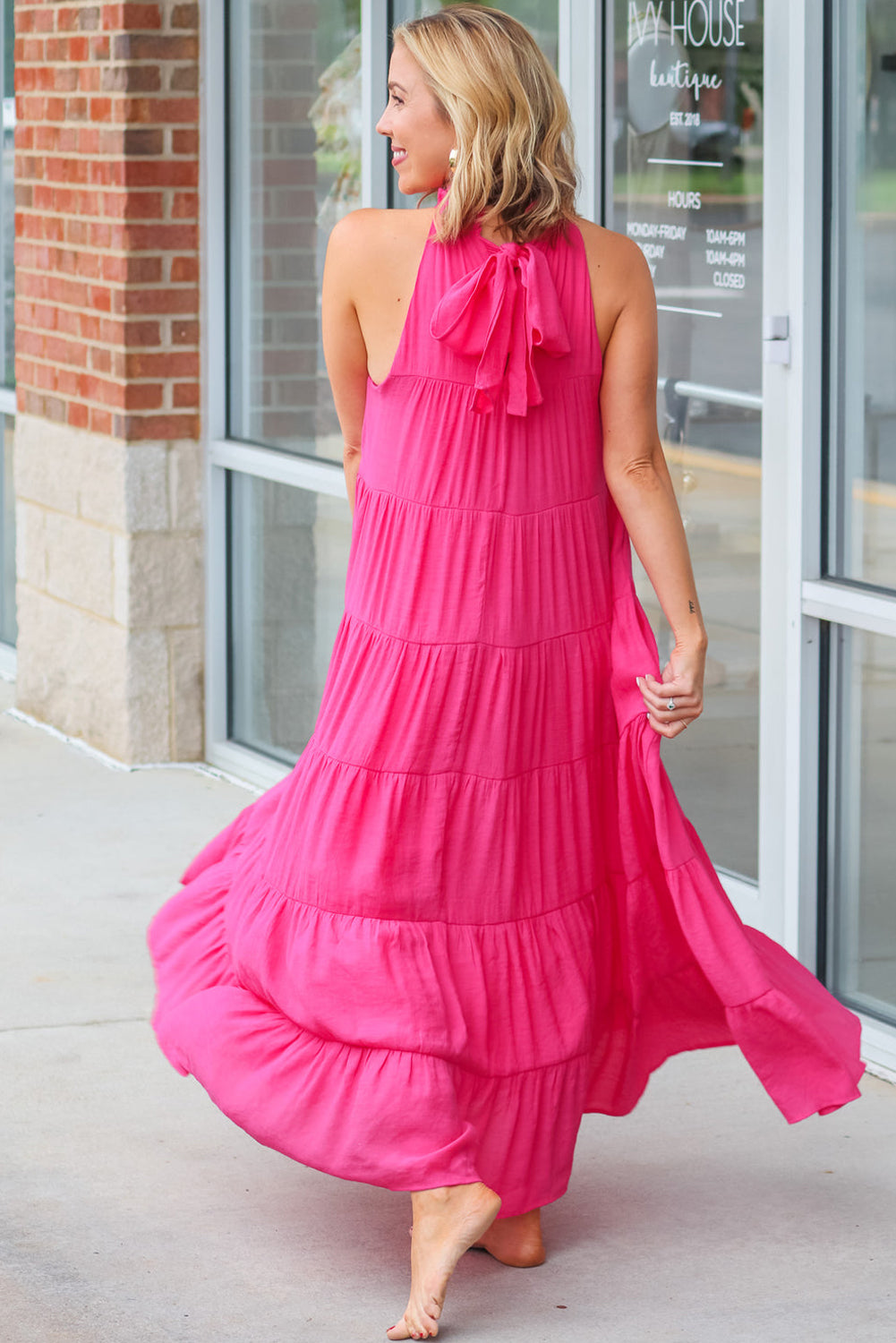 Rose Red Knotted Frill Neck Tiered Flared Maxi Dress