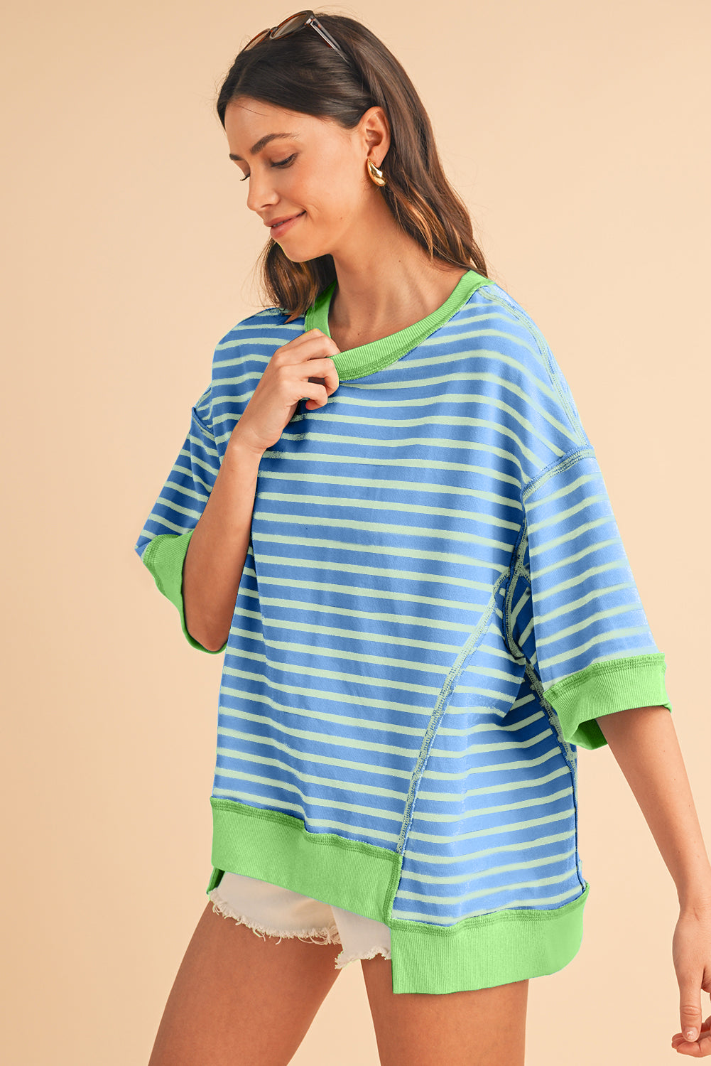 Pink Stripe Colorblock Drop Sleeve Loose Top