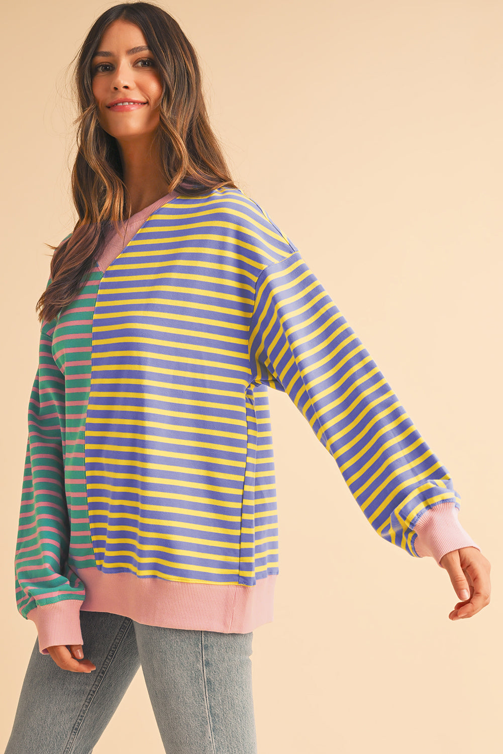 Sky Blue Stripe Colorblock Drop Shoulder Oversize Sweatshirt