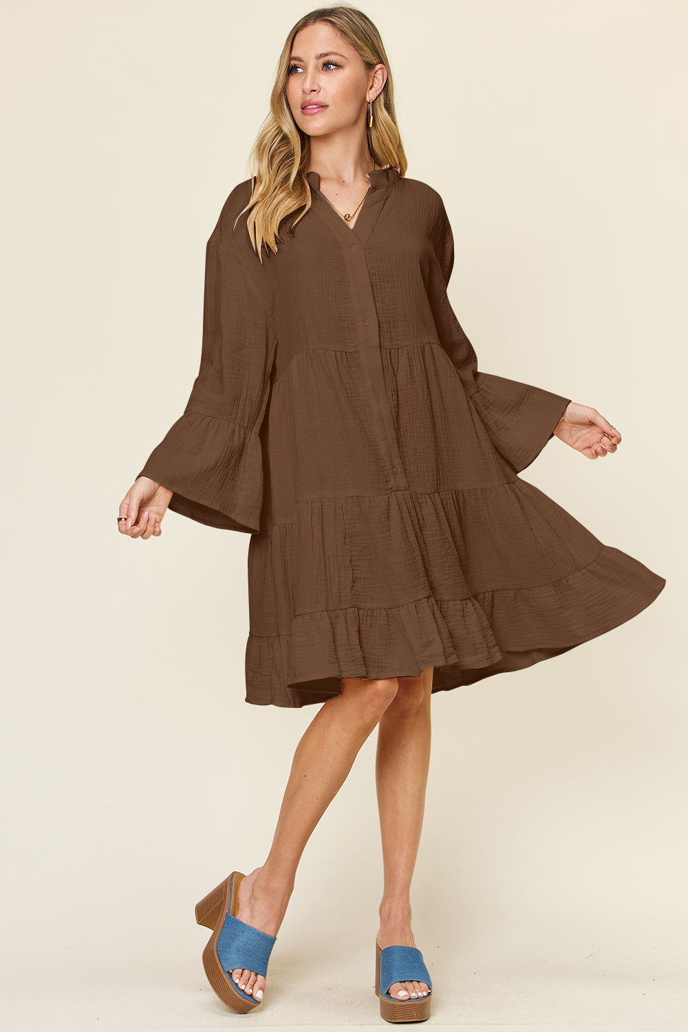 Double Take Full Size Texture Button Up Ruffle Hem Dress