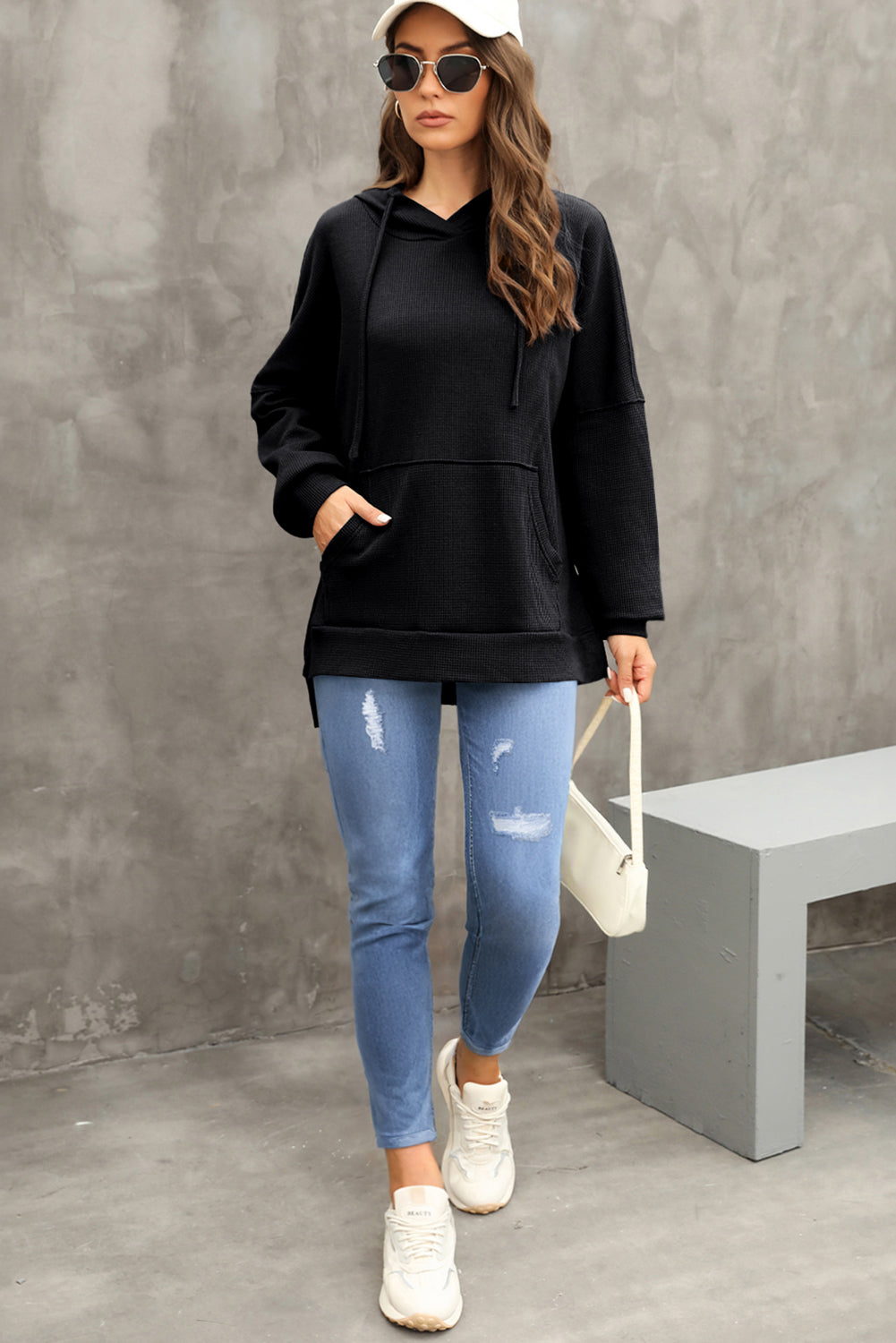 Gray Waffle Knit High Low Oversized Hoodie