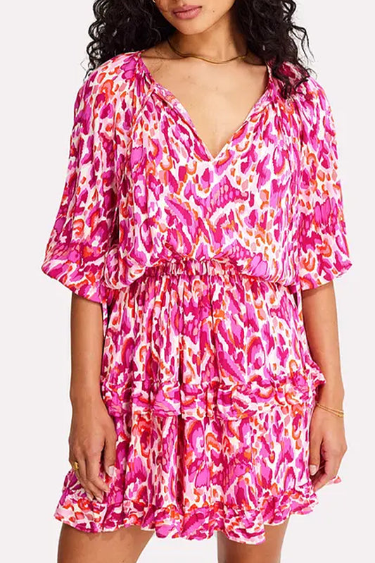 Rose Boho Abstract Elastic Waist Mini Dress