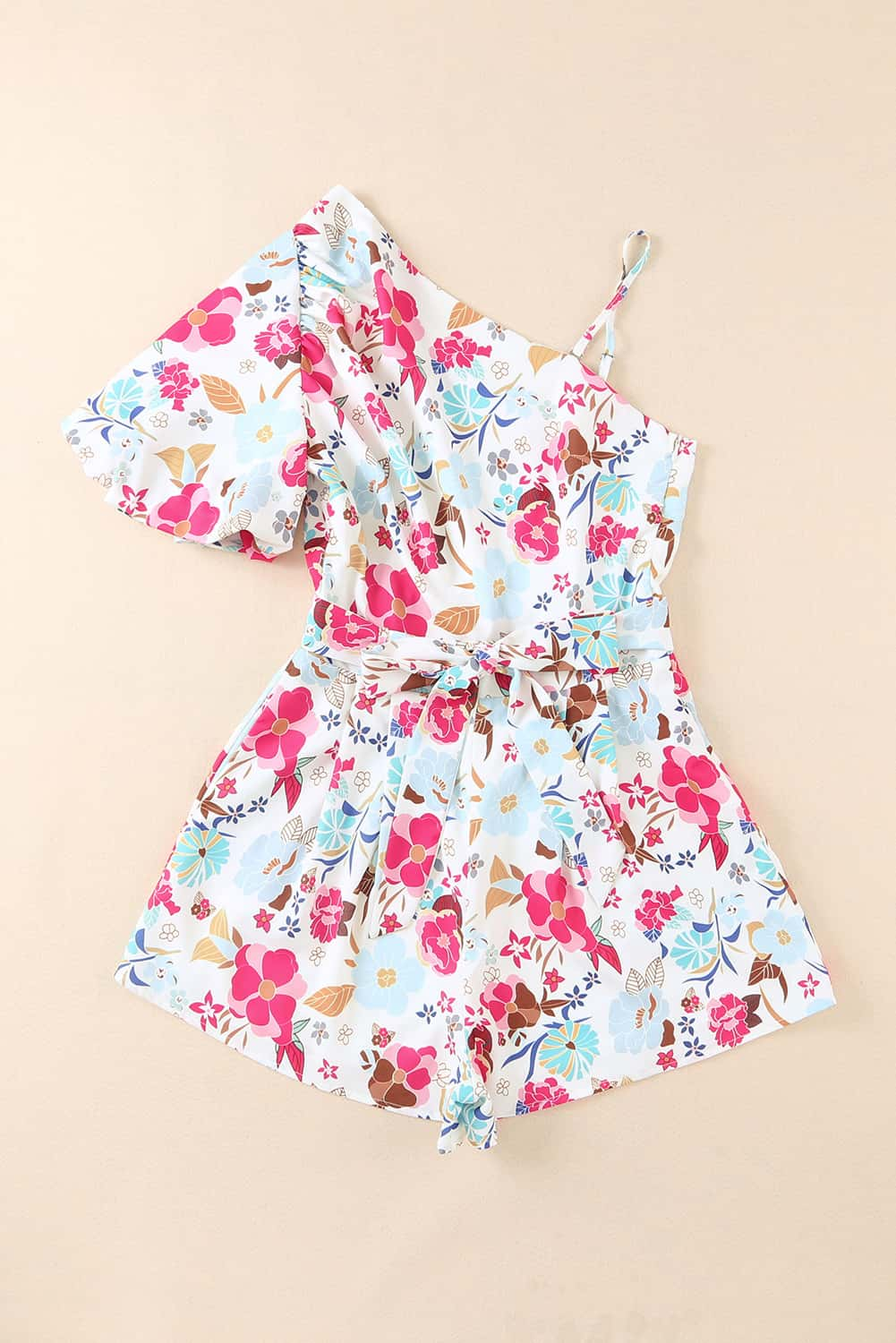 White Floral Single Bubble Sleeve Slant Shoulder Belted Romper