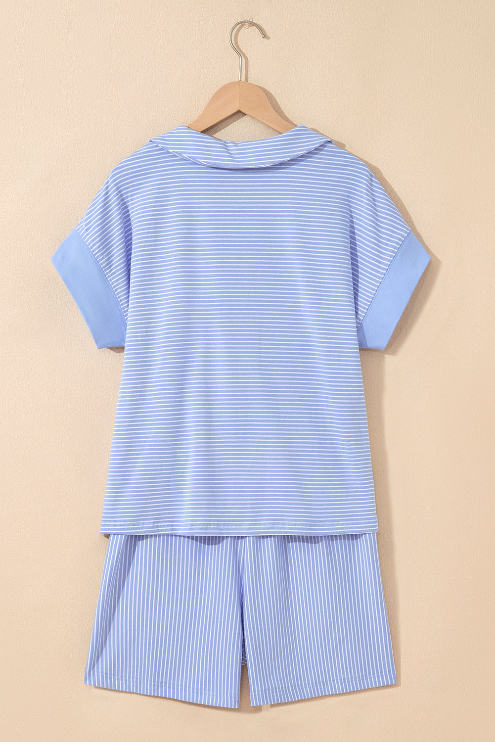 Sky Blue Striped Dolman Sleeve Pullover and Drawstring Shorts Set