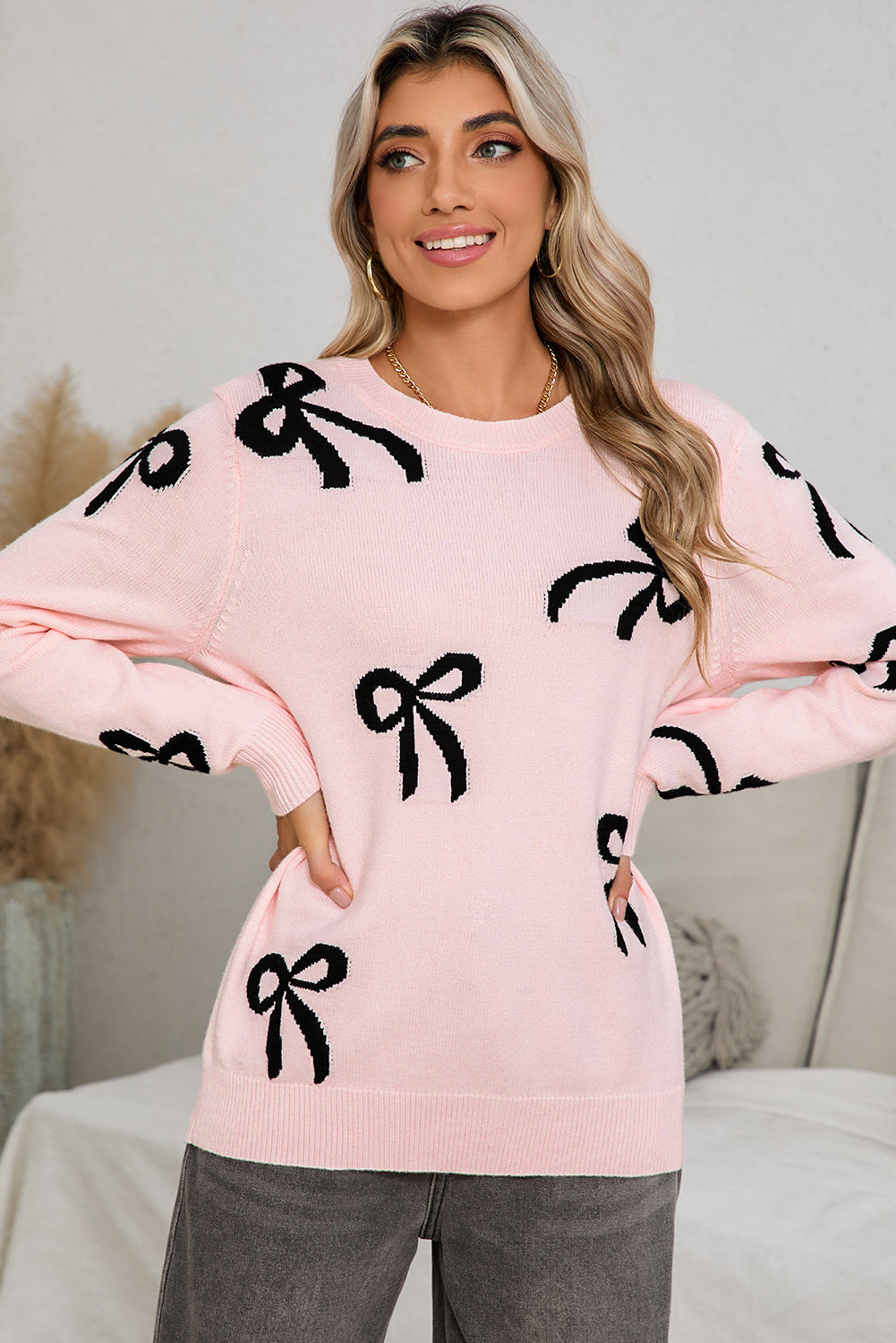 Light Pink Bow Print Long Sleeve Loose Fit Sweater