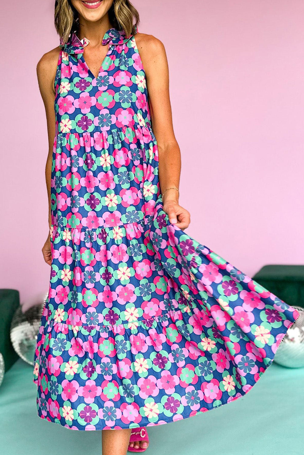 Pink Abstract Print Frill Split Neck Tiered Midi Dress