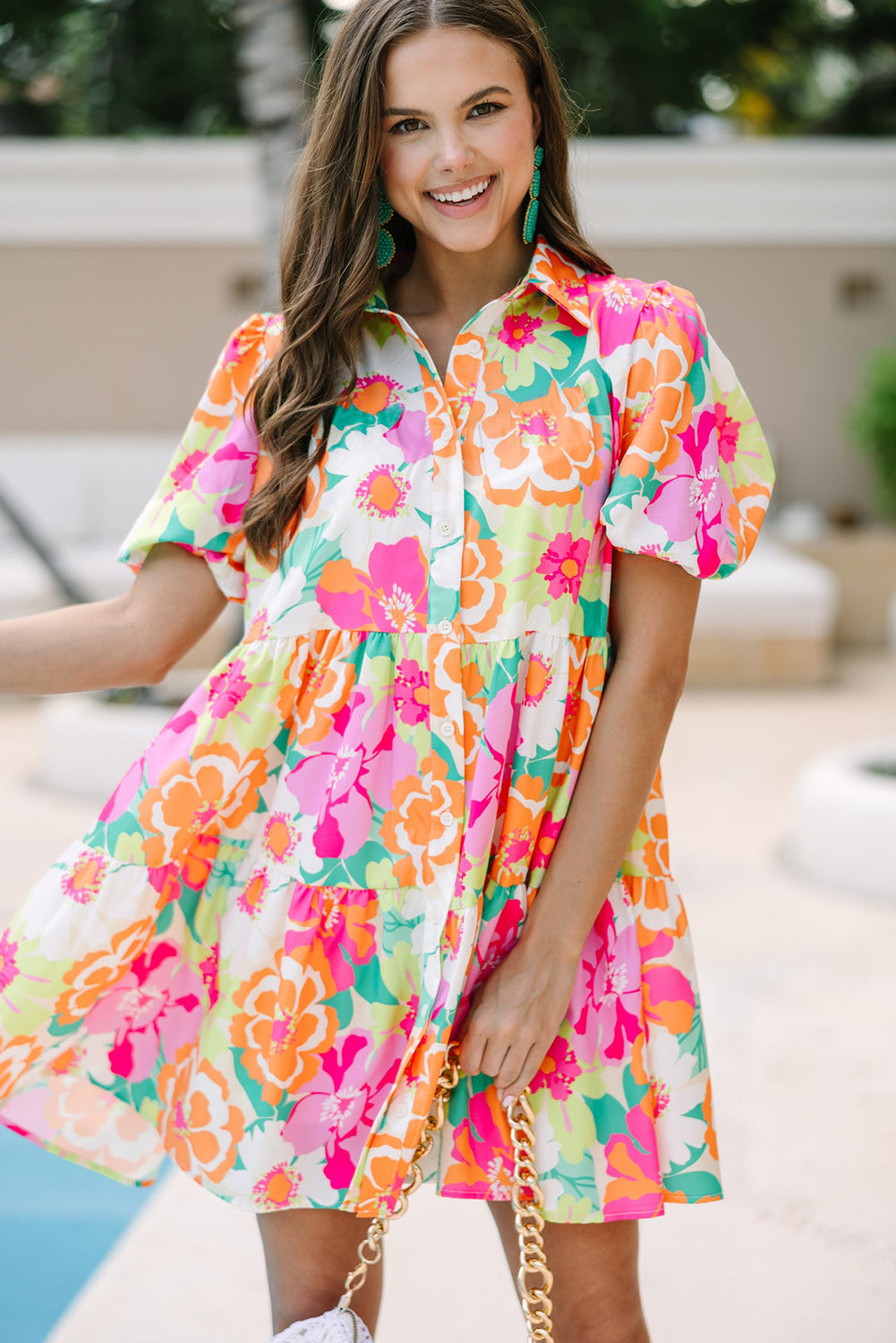 Green Floral Puff Sleeve Buttoned Babydoll Dress