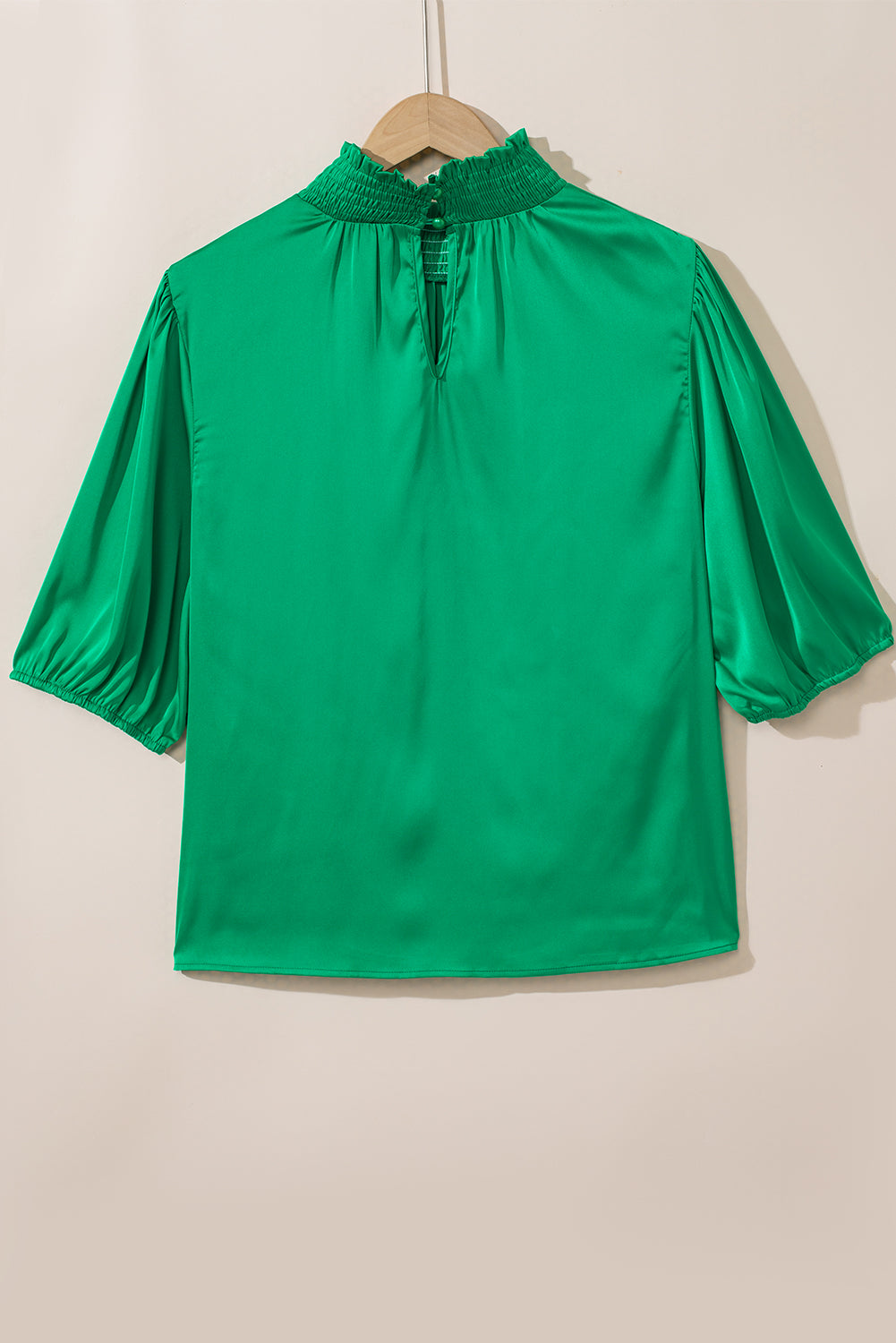 Sea Green Shirred High Neck Puff Sleeve Plus Size Blouse