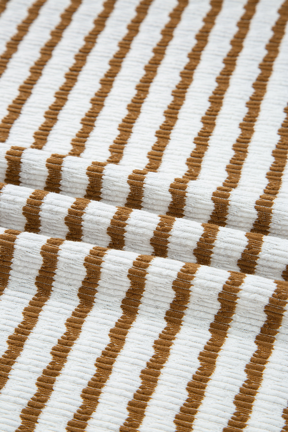 Khaki Stripe Textured Collared Pullover Top and Drawstring Pants Set