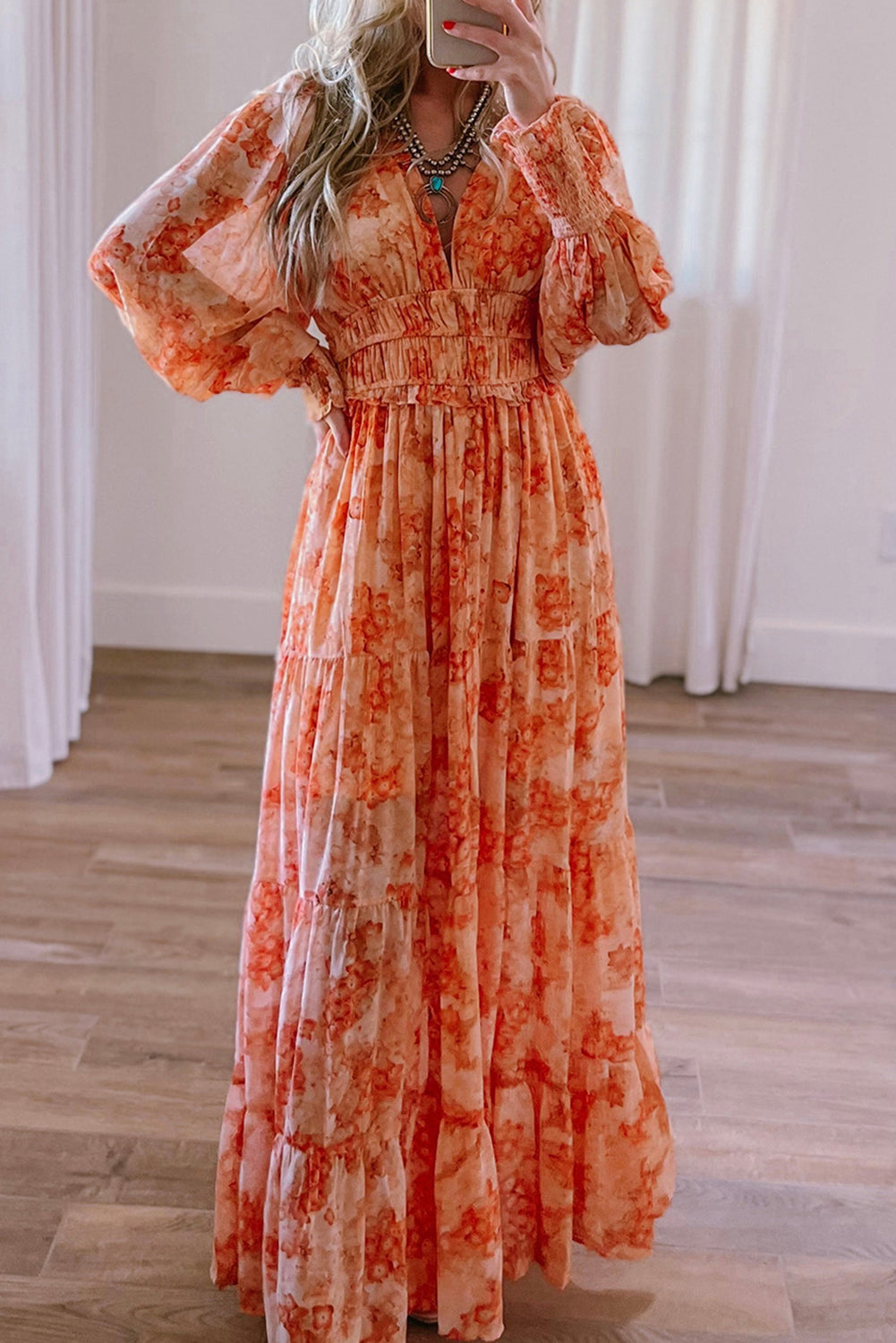 Orange Boho Floral Bishop Sleeve V Neck Tiered Maxi Dress