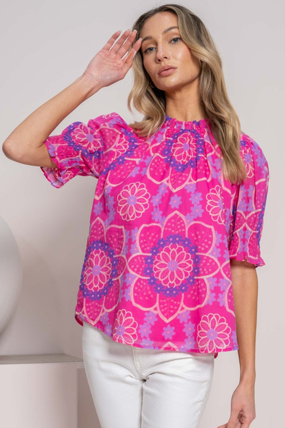 Rose Floral Print Frill Neck Smocked Cuffs Blouse