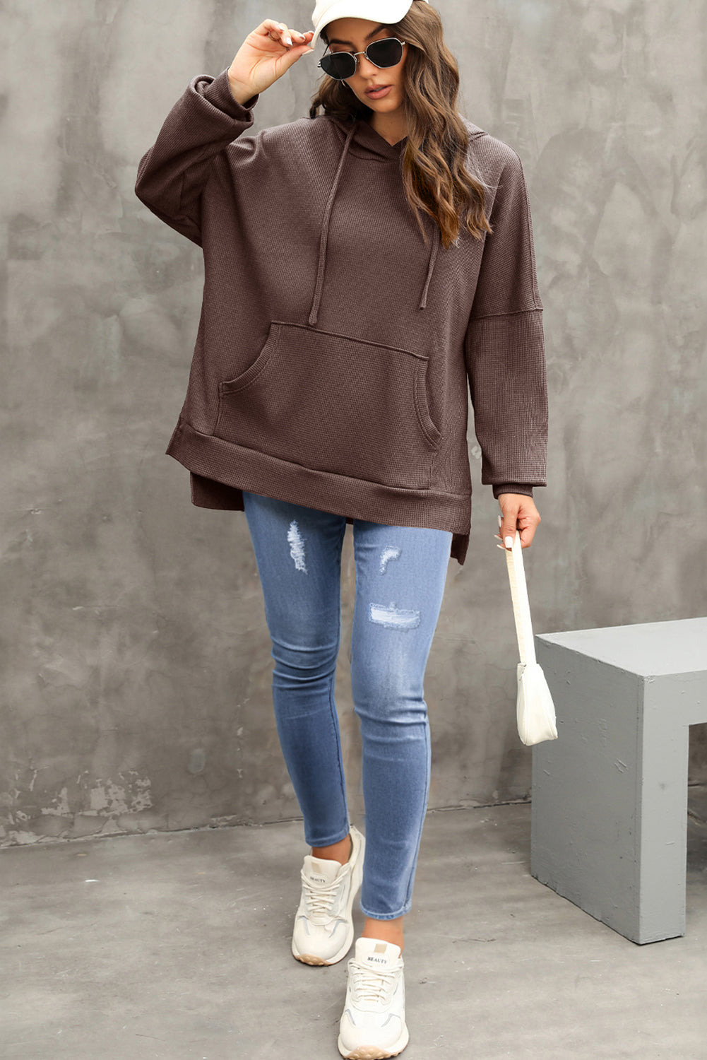 Gray Waffle Knit High Low Oversized Hoodie