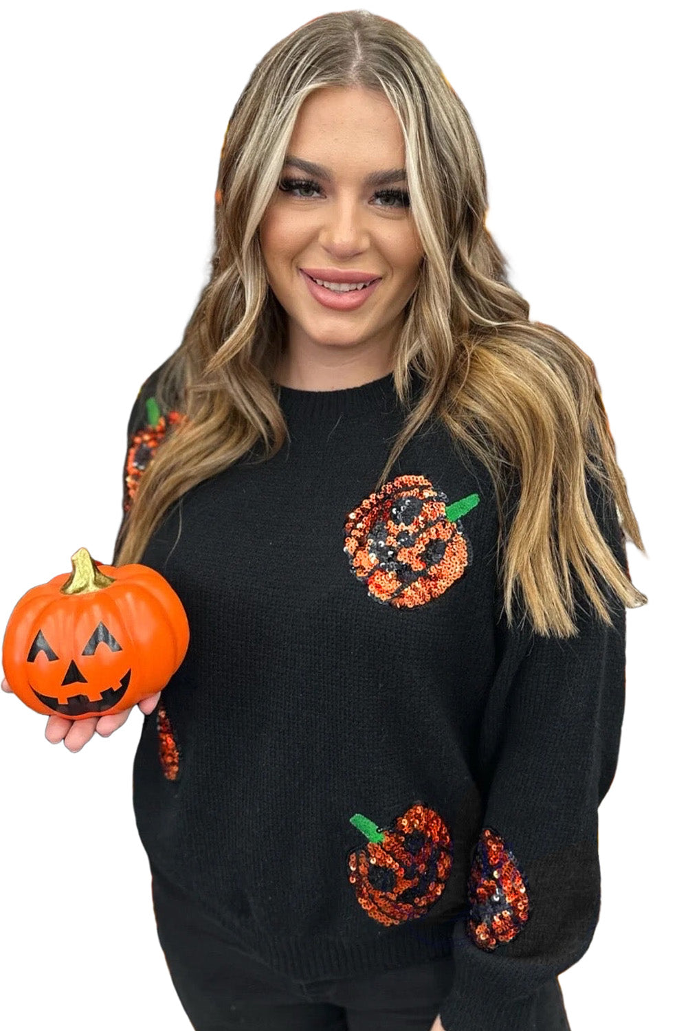 Black Halloween Sequin Pumpkin Pattern Plus Size Sweater