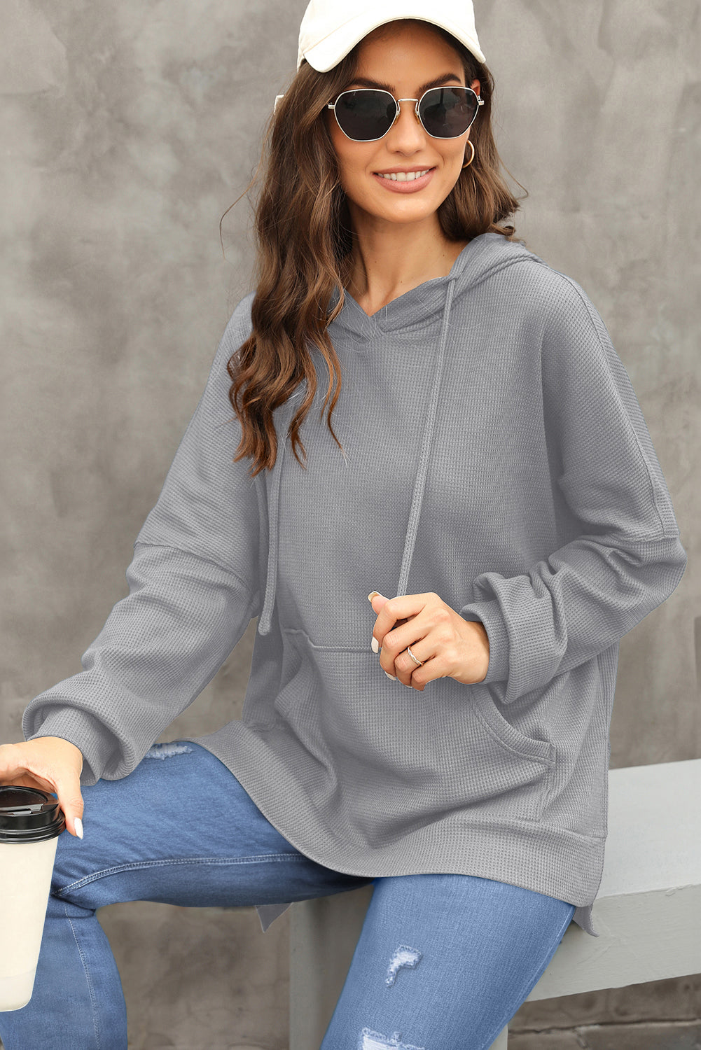 Gray Waffle Knit High Low Oversized Hoodie