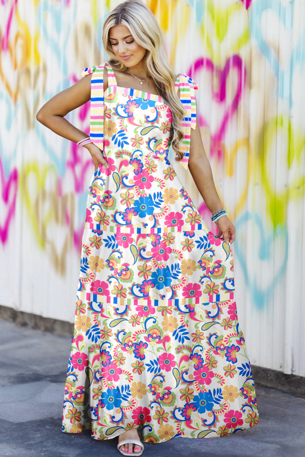 Rose Red Striped Trim Tie Straps Floral Maxi Dress