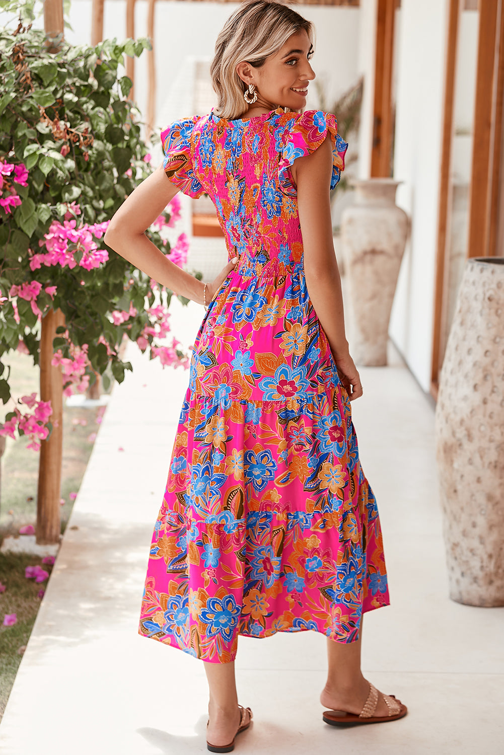 Boho Floral V Neck Ruffle Tiered Long Dress