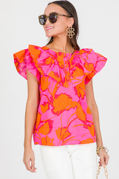 Rose Floral Ruffled Trim Flutter Sleeve Summer Top