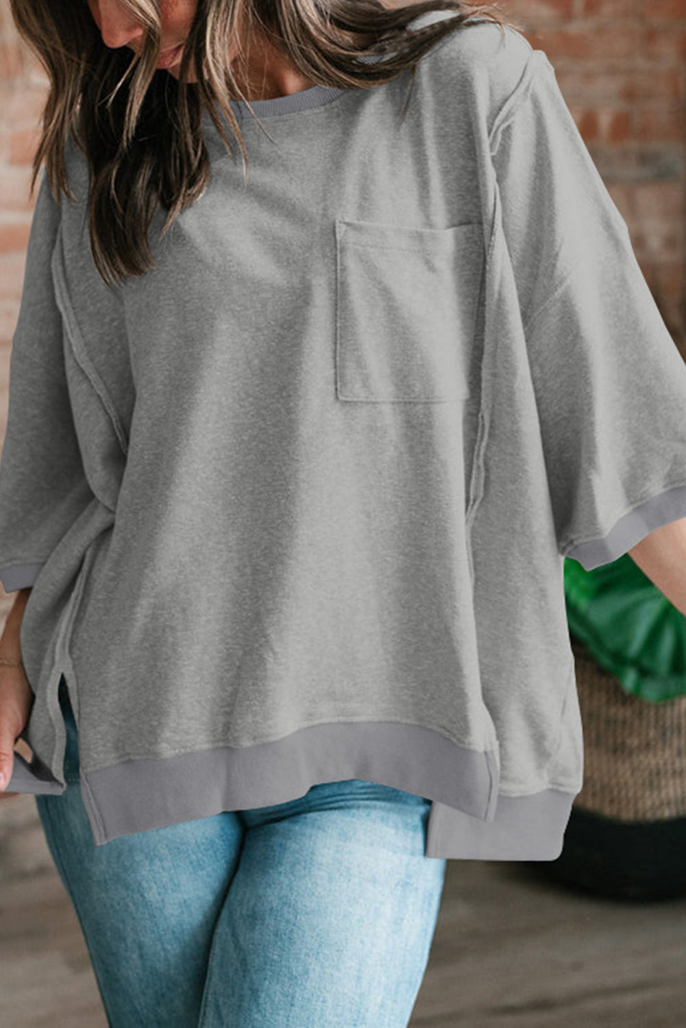 Light Grey Exposed Seam Pocket Side Split Loose T Shirt